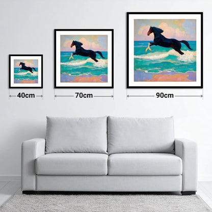 Cresting the Tide - size guide showing 40cm, 70cm and 90cm art prints