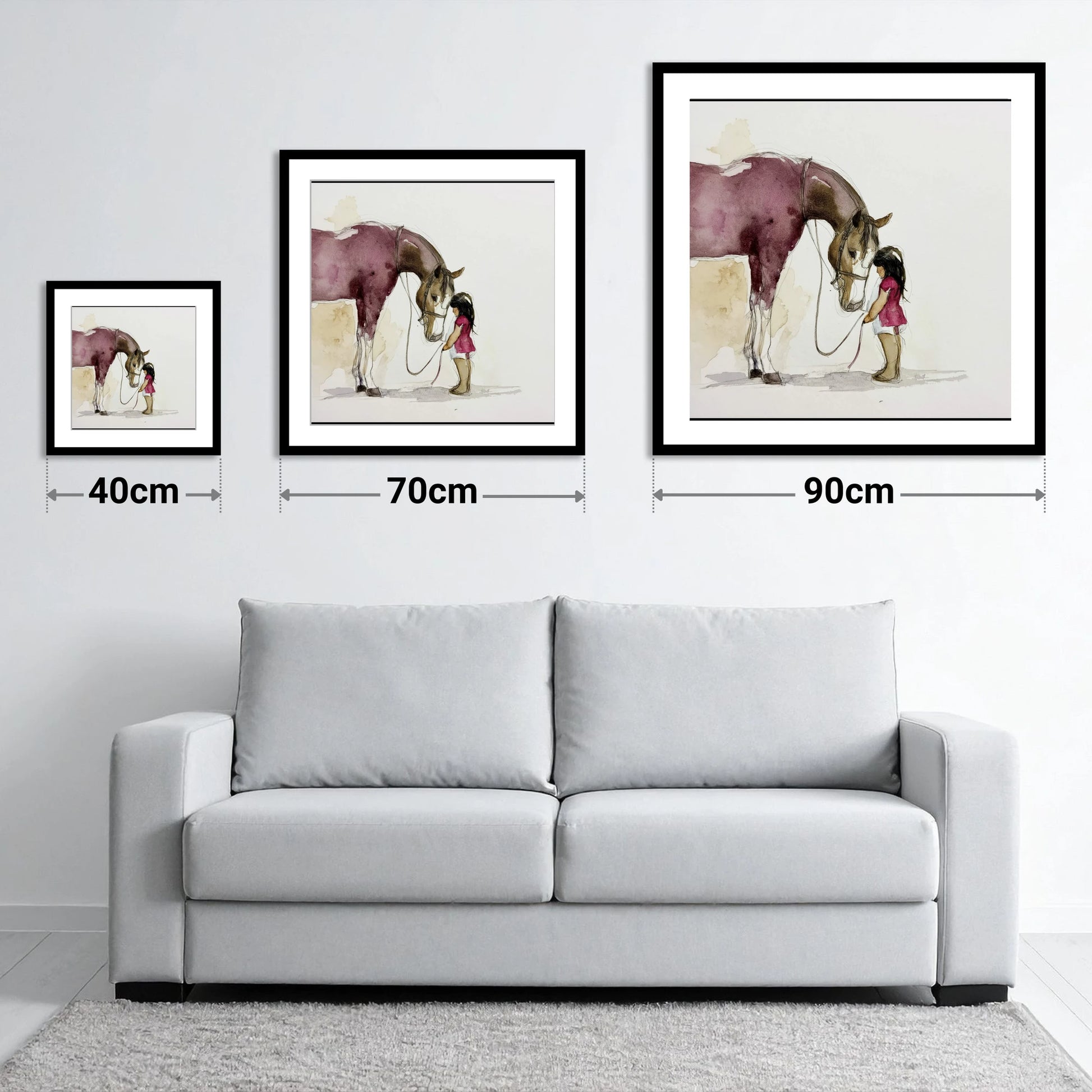 A Quiet Understanding - size guide showing 40cm, 70cm and 90cm art prints