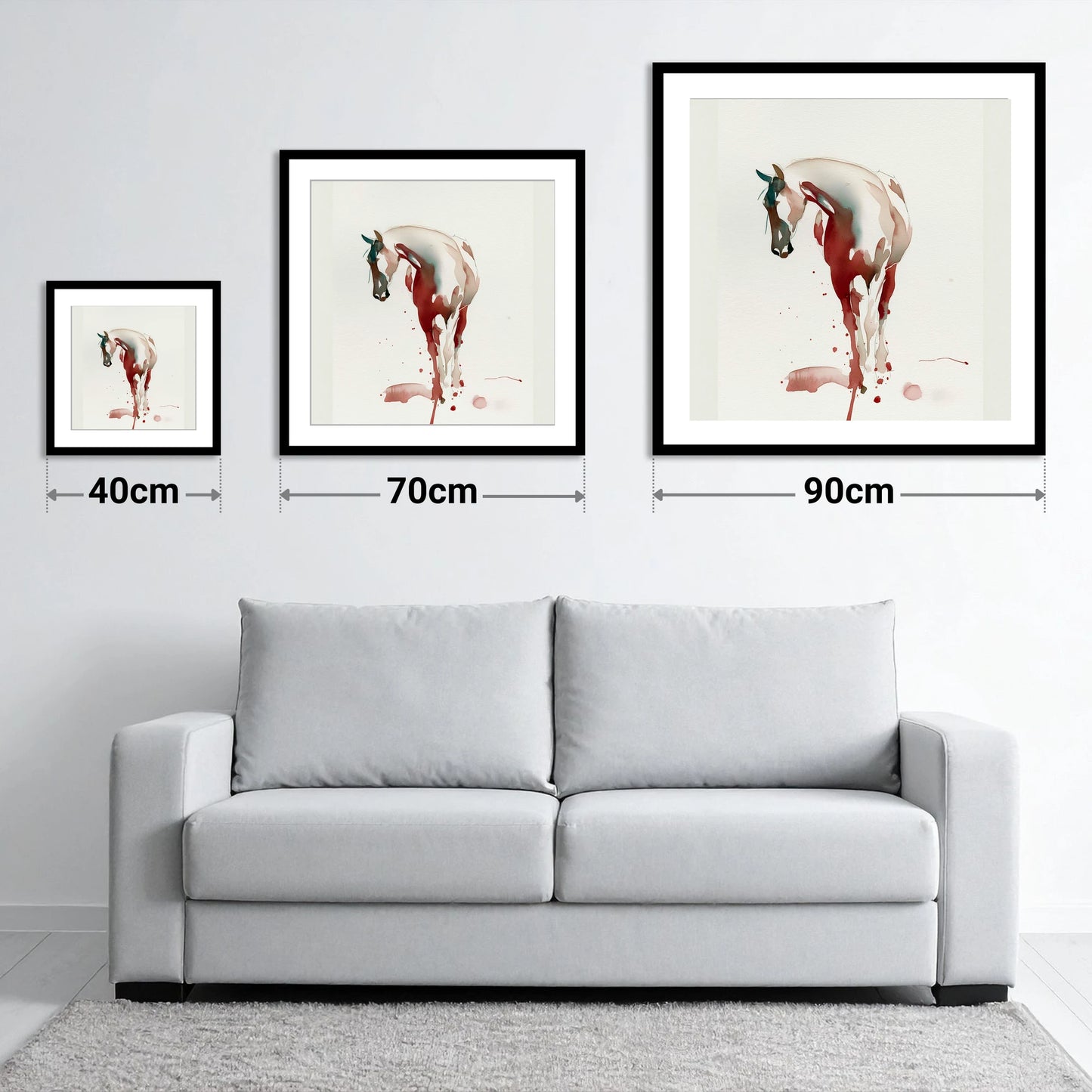 Crimson Wash Silhouette - size guide showing 40cm, 70cm and 90cm art prints