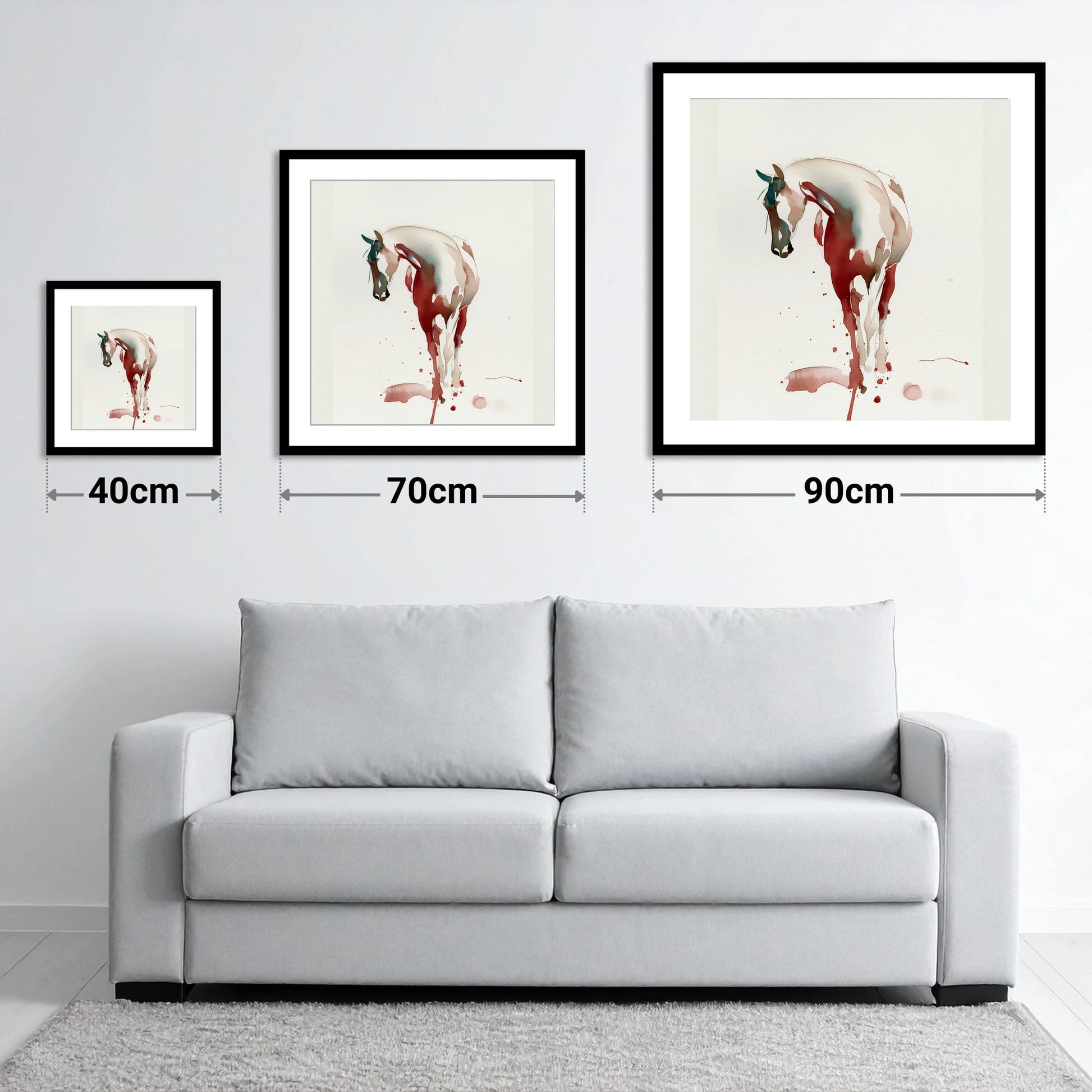 Crimson Wash Silhouette - size guide showing 40cm, 70cm and 90cm art prints