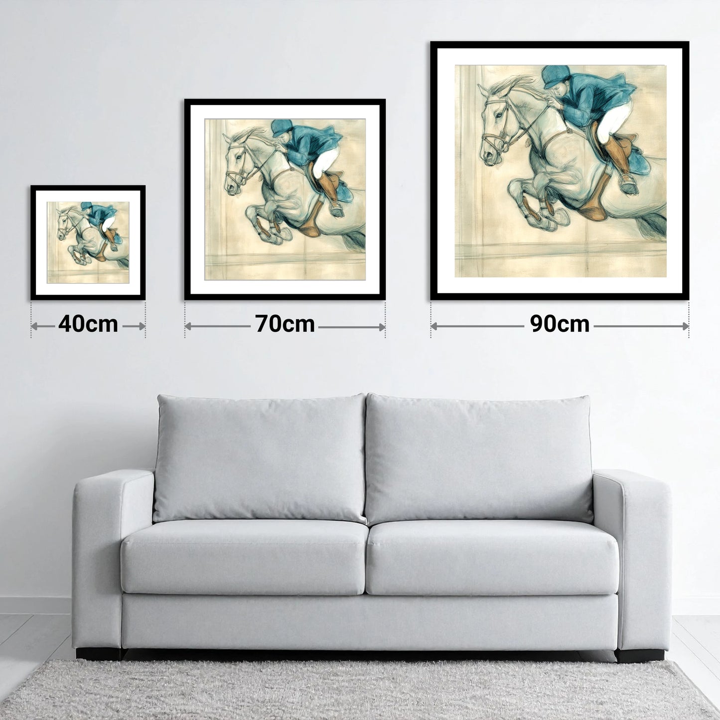 Suspended Flight - size guide showing 40cm, 70cm and 90cm art prints