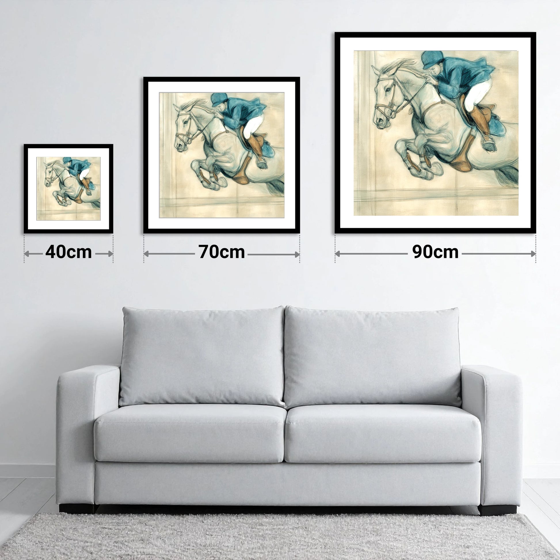 Suspended Flight - size guide showing 40cm, 70cm and 90cm art prints