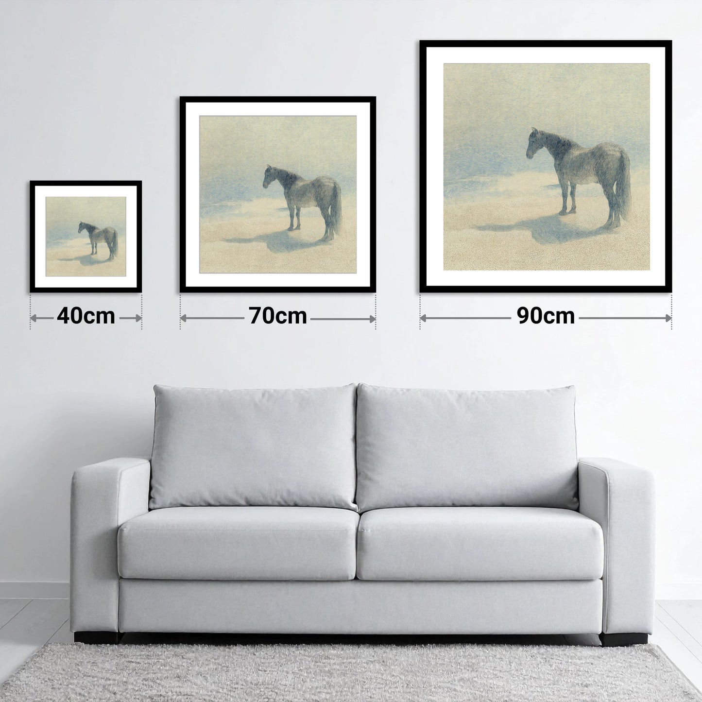 Stillness in Slate - size guide showing 40cm, 70cm and 90cm art prints