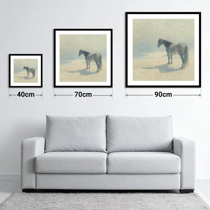 Stillness in Slate - size guide showing 40cm, 70cm and 90cm art prints