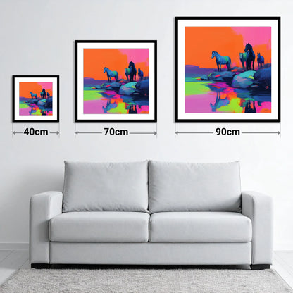 Neon Horizon Horses - size guide showing 40cm, 70cm and 90cm art prints