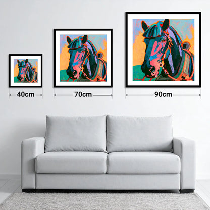Colourful Expressionist Horse Portrait - size guide showing 40cm, 70cm and 90cm art prints