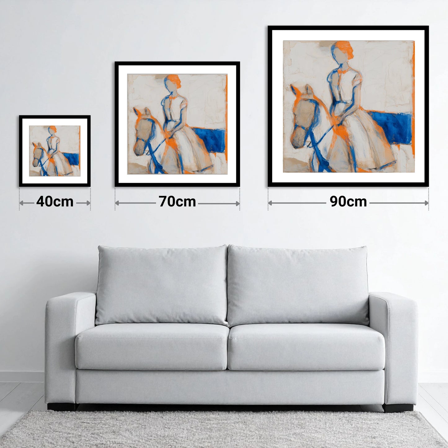 Vivid Connection - size guide showing 40cm, 70cm and 90cm art prints