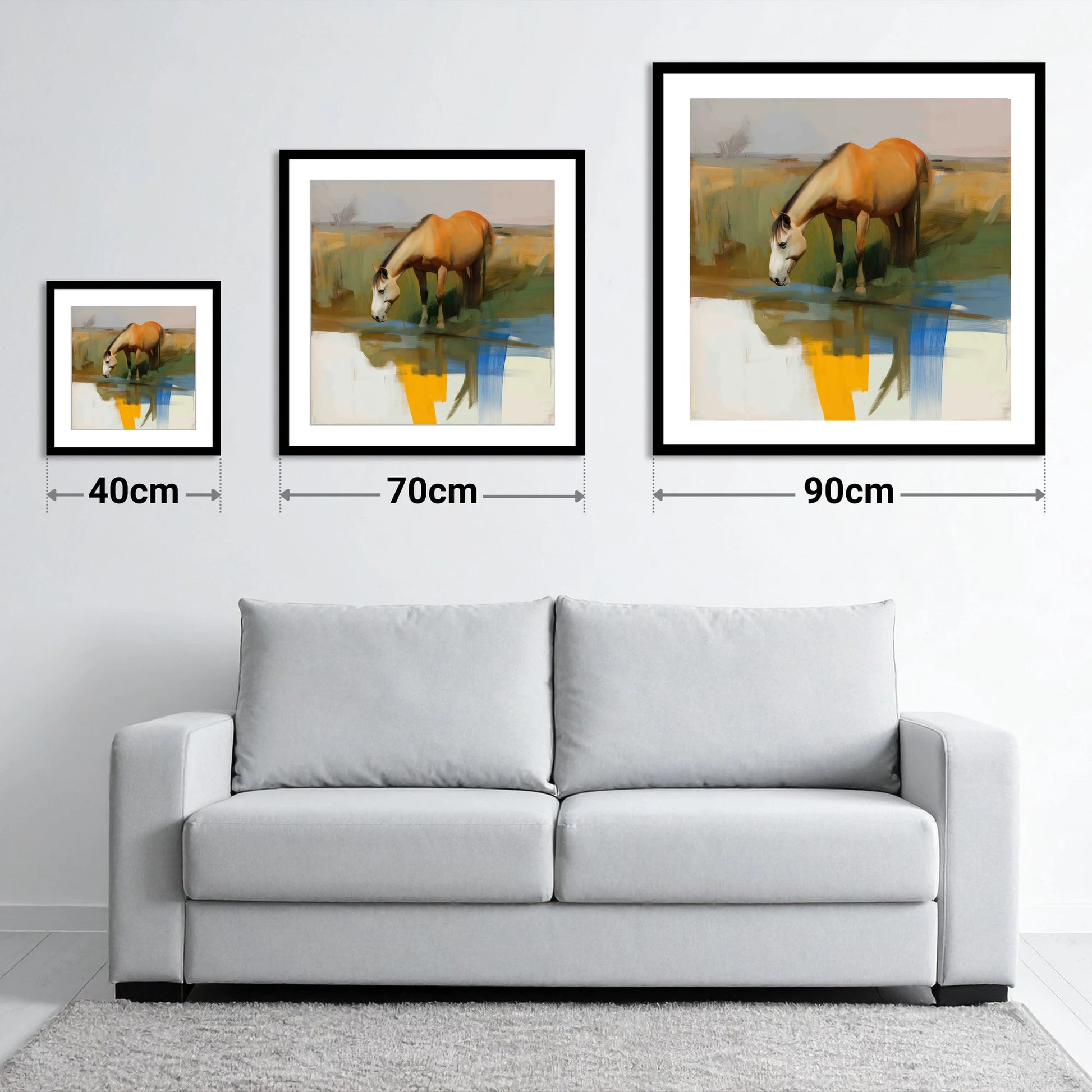 Vibrant Waterside Reflection - size guide showing 40cm, 70cm and 90cm art prints