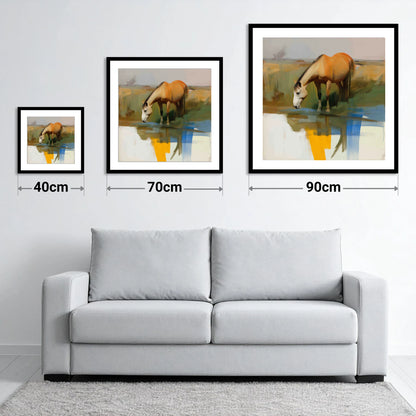 Vibrant Waterside Reflection - size guide showing 40cm, 70cm and 90cm art prints