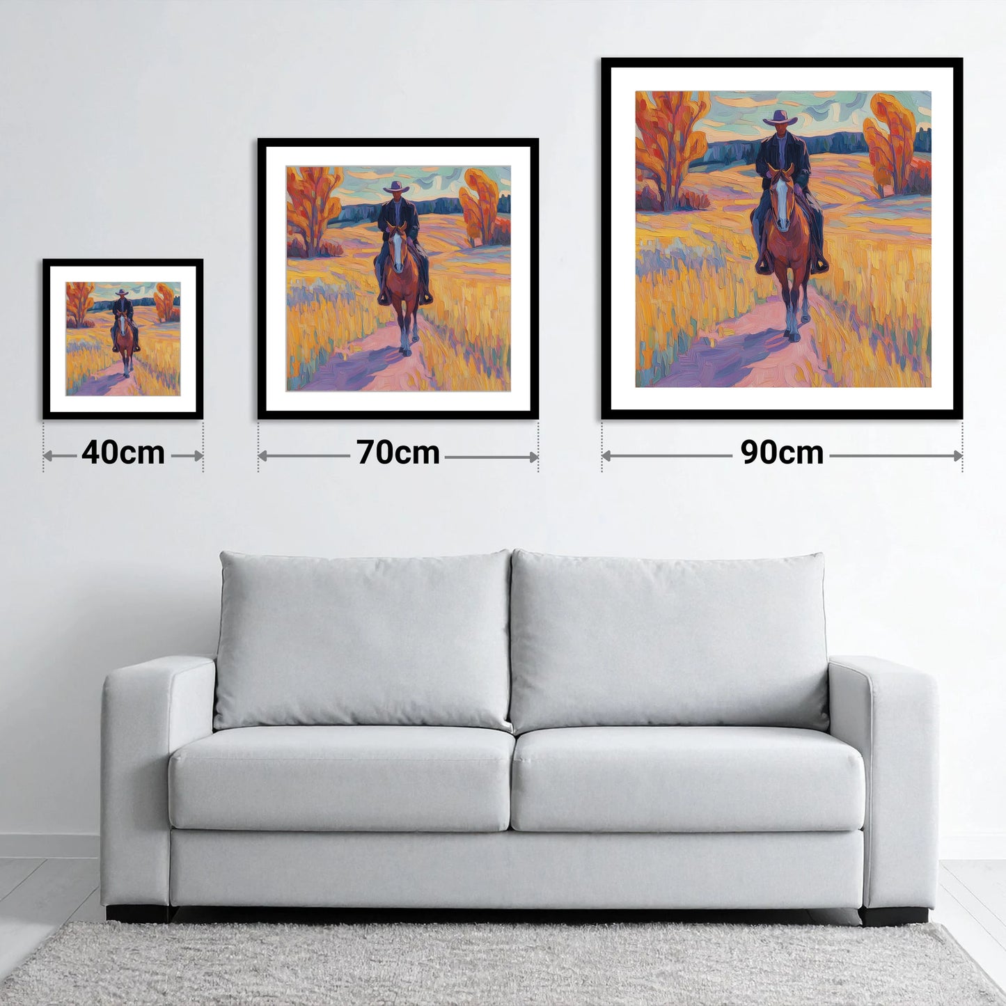 Vibrant Western Trail - size guide showing 40cm, 70cm and 90cm art prints