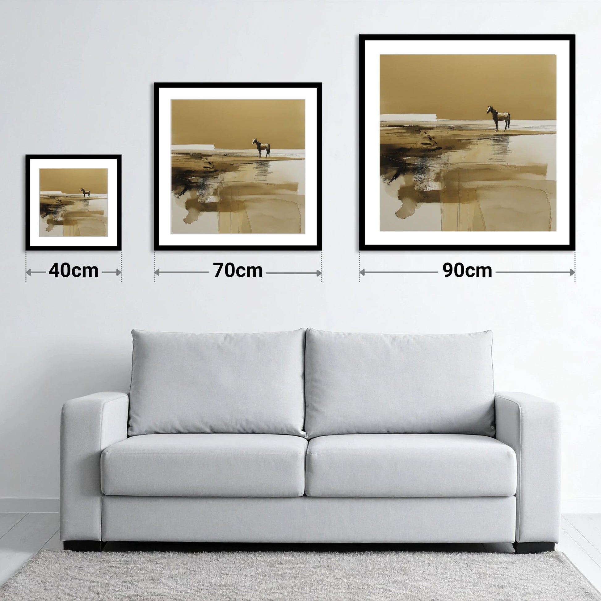 Solitary Horizon - size guide showing 40cm, 70cm and 90cm art prints