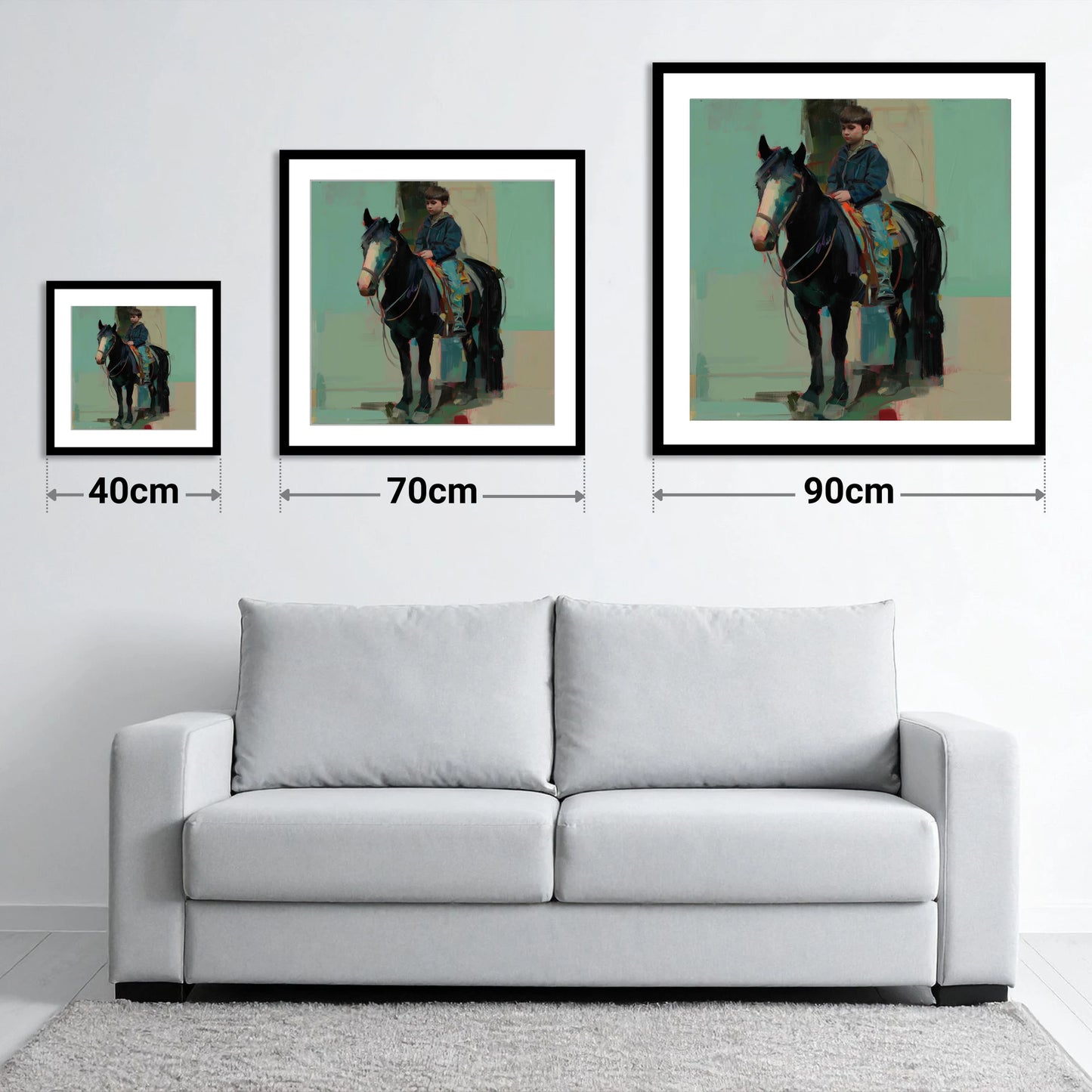 The Quiet Partnership - size guide showing 40cm, 70cm and 90cm art prints