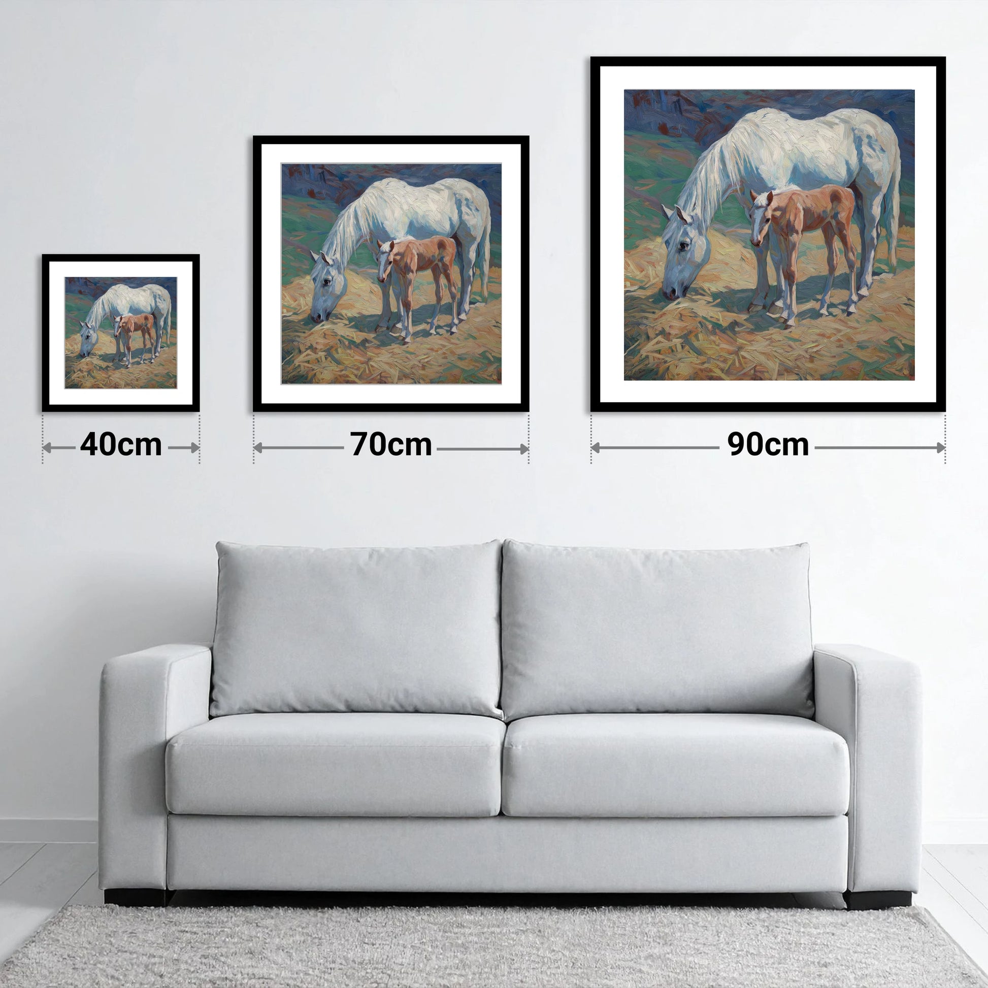 Sunlit Grey and Foal - size guide showing 40cm, 70cm and 90cm art prints