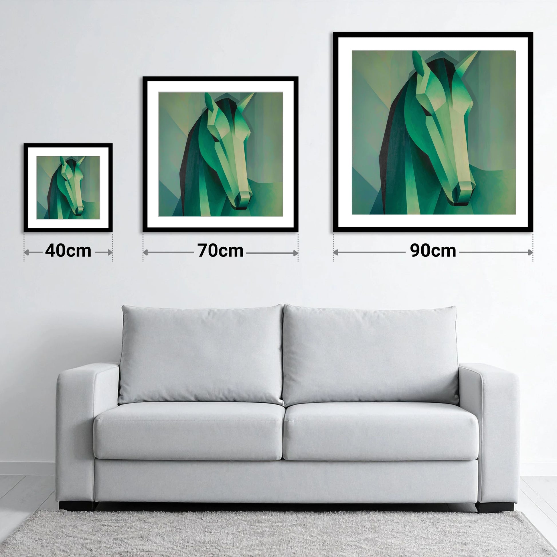 The Emerald Facets - size guide showing 40cm, 70cm and 90cm art prints
