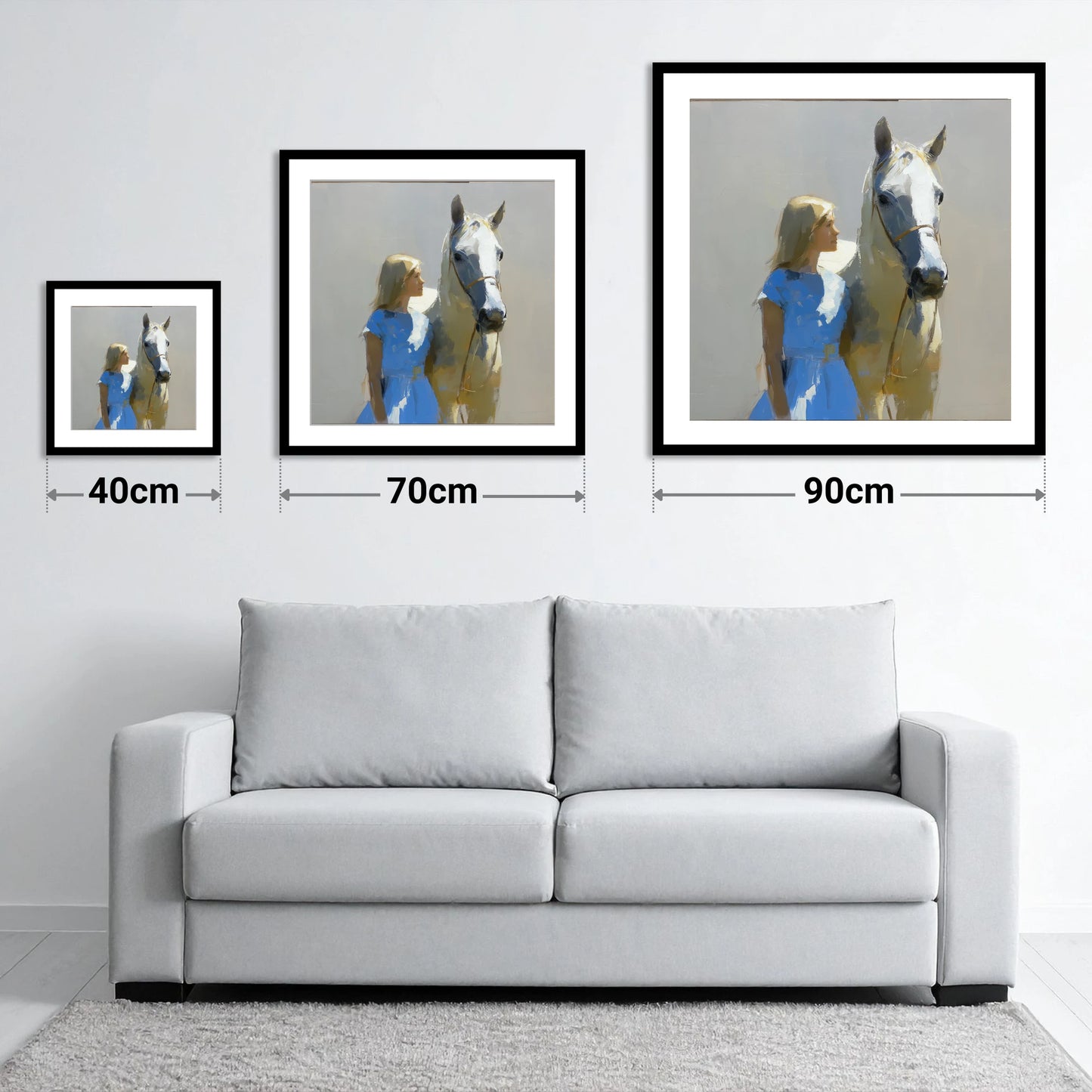 A Sunlit Bond - size guide showing 40cm, 70cm and 90cm art prints
