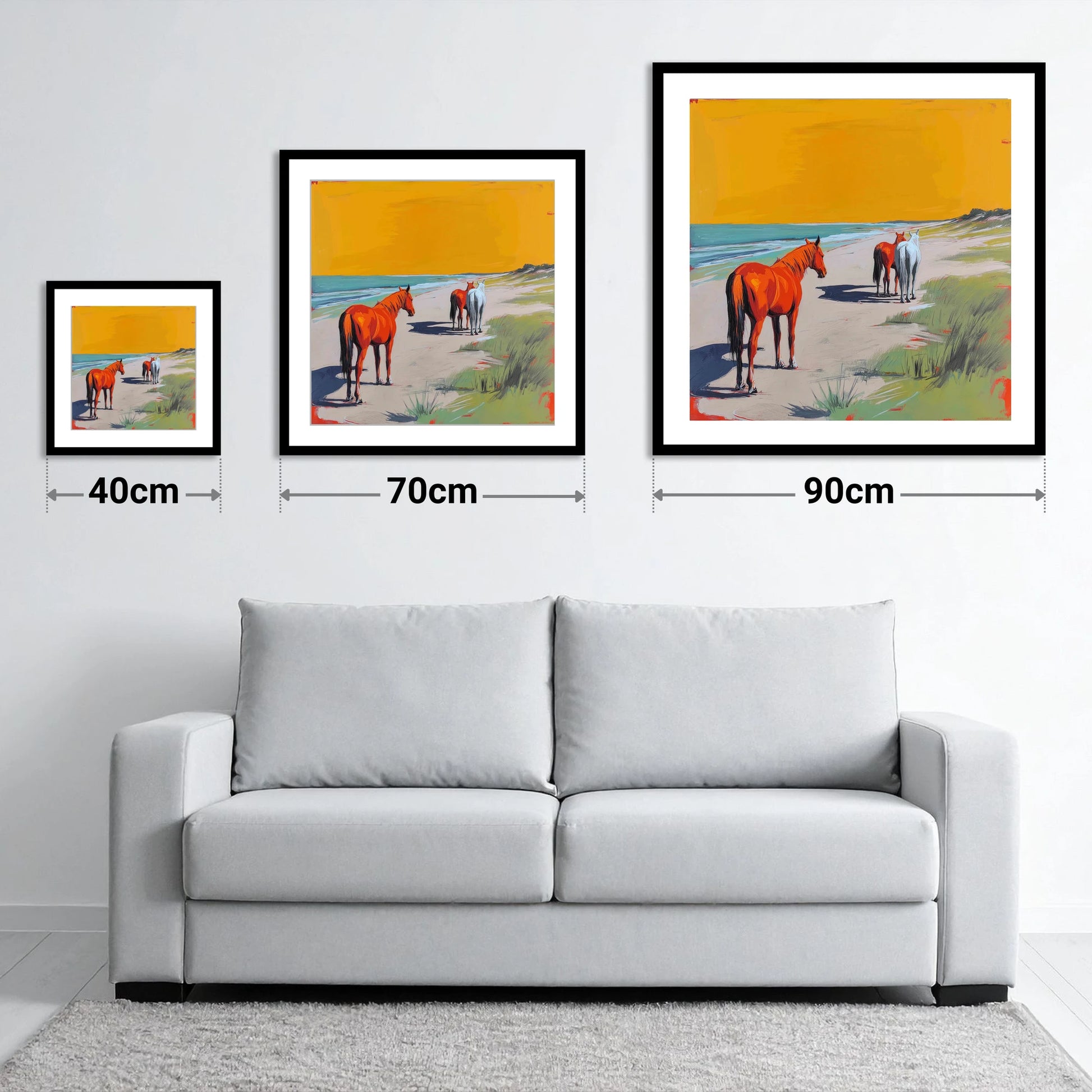 Golden Sands Companions - size guide showing 40cm, 70cm and 90cm art prints