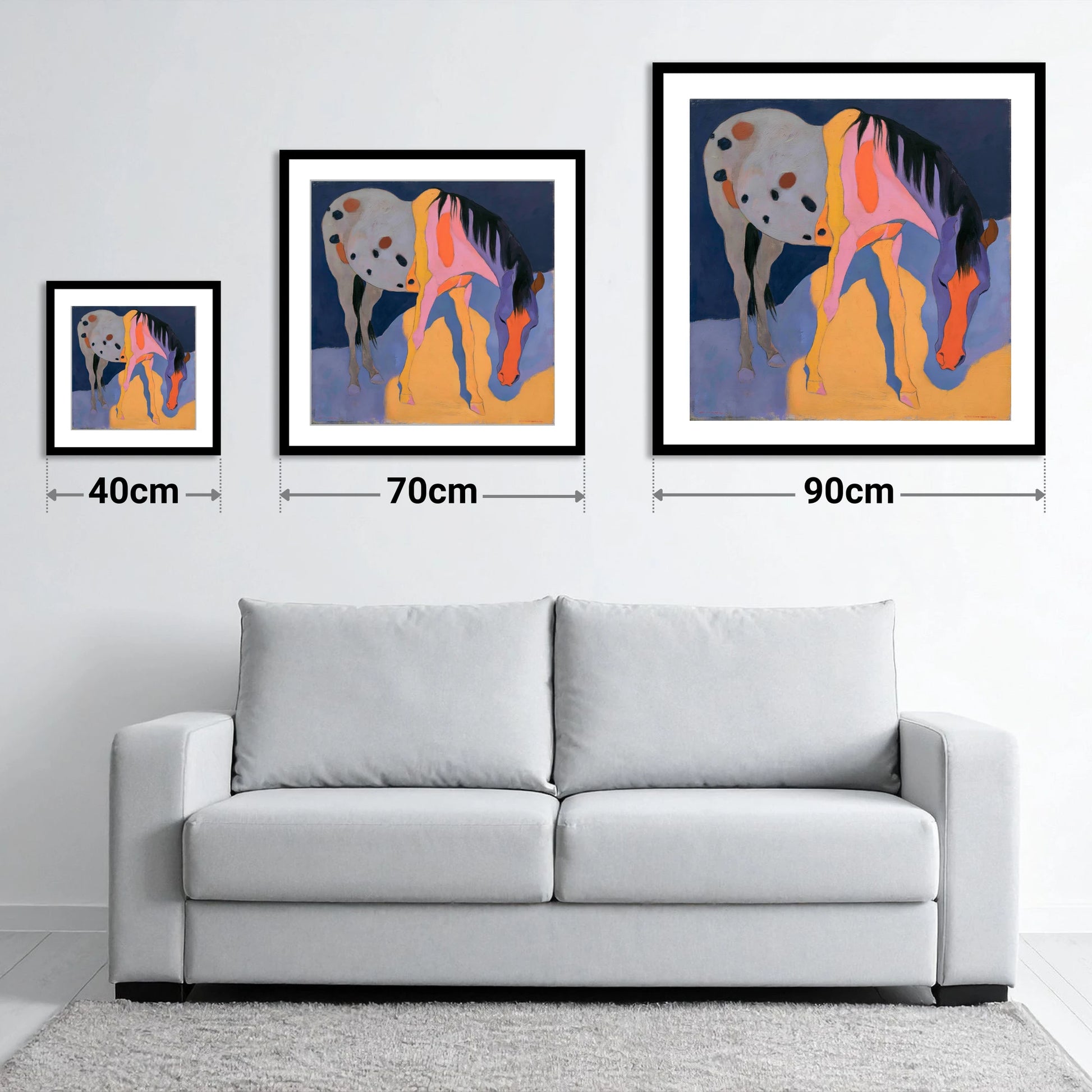 Vibrant Grazing Appaloosa Horse - size guide showing 40cm, 70cm and 90cm art prints