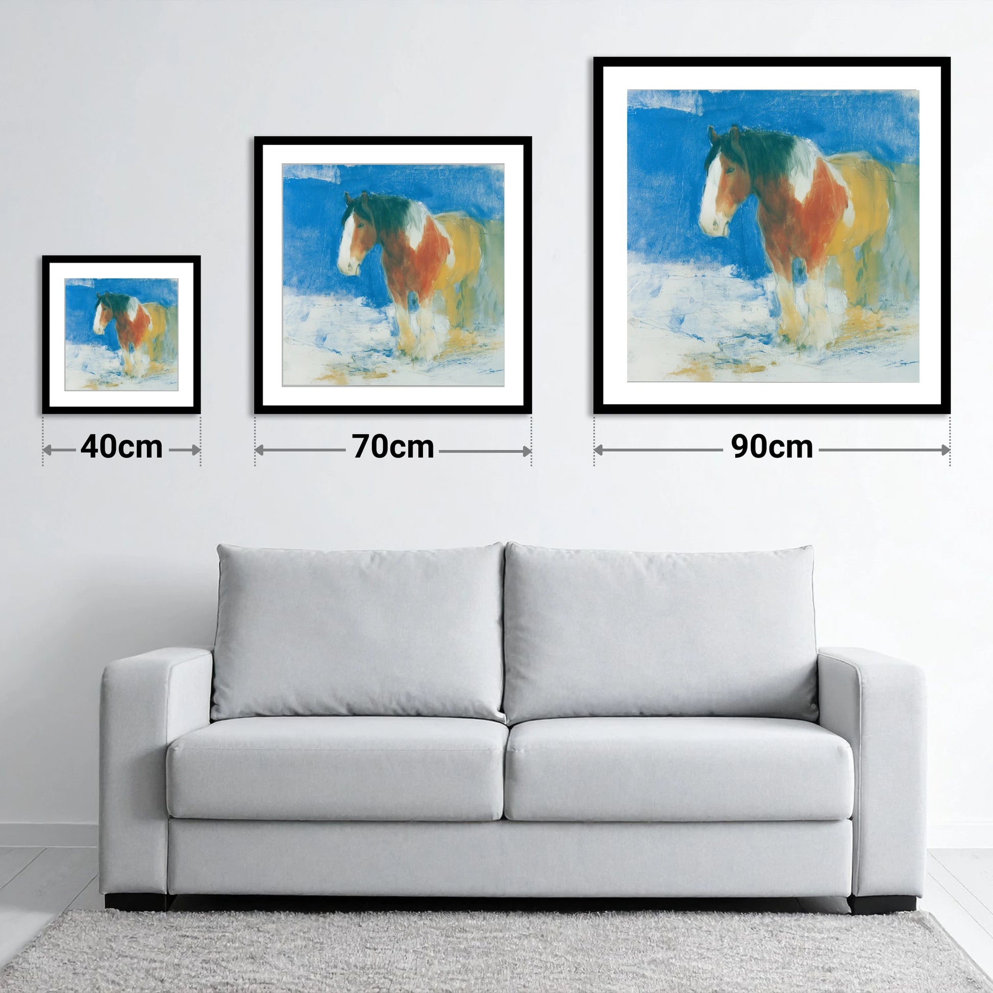 Cerulean Coloured Cob - size guide showing 40cm, 70cm and 90cm art prints