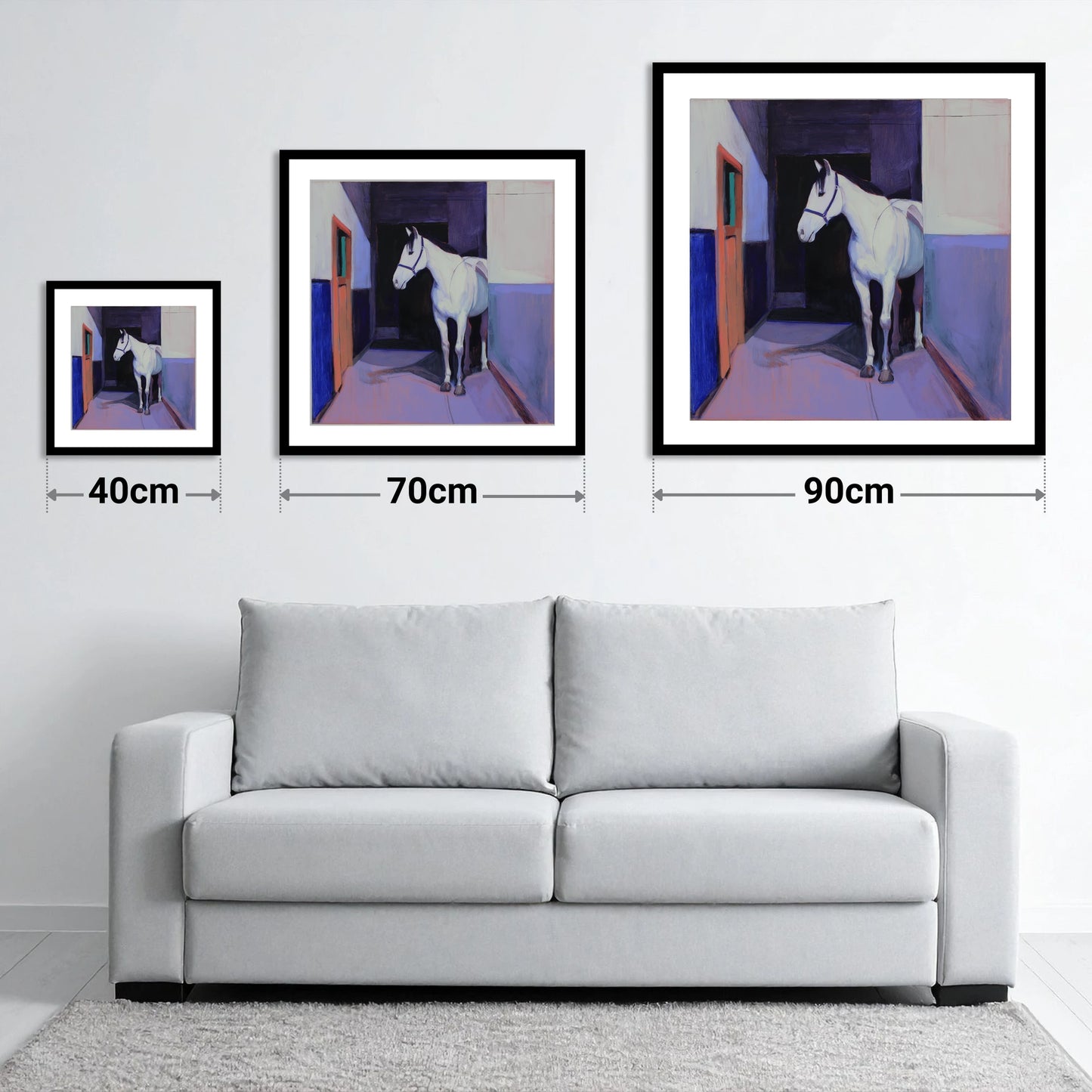 Twilight Stable Solitude - size guide showing 40cm, 70cm and 90cm art prints