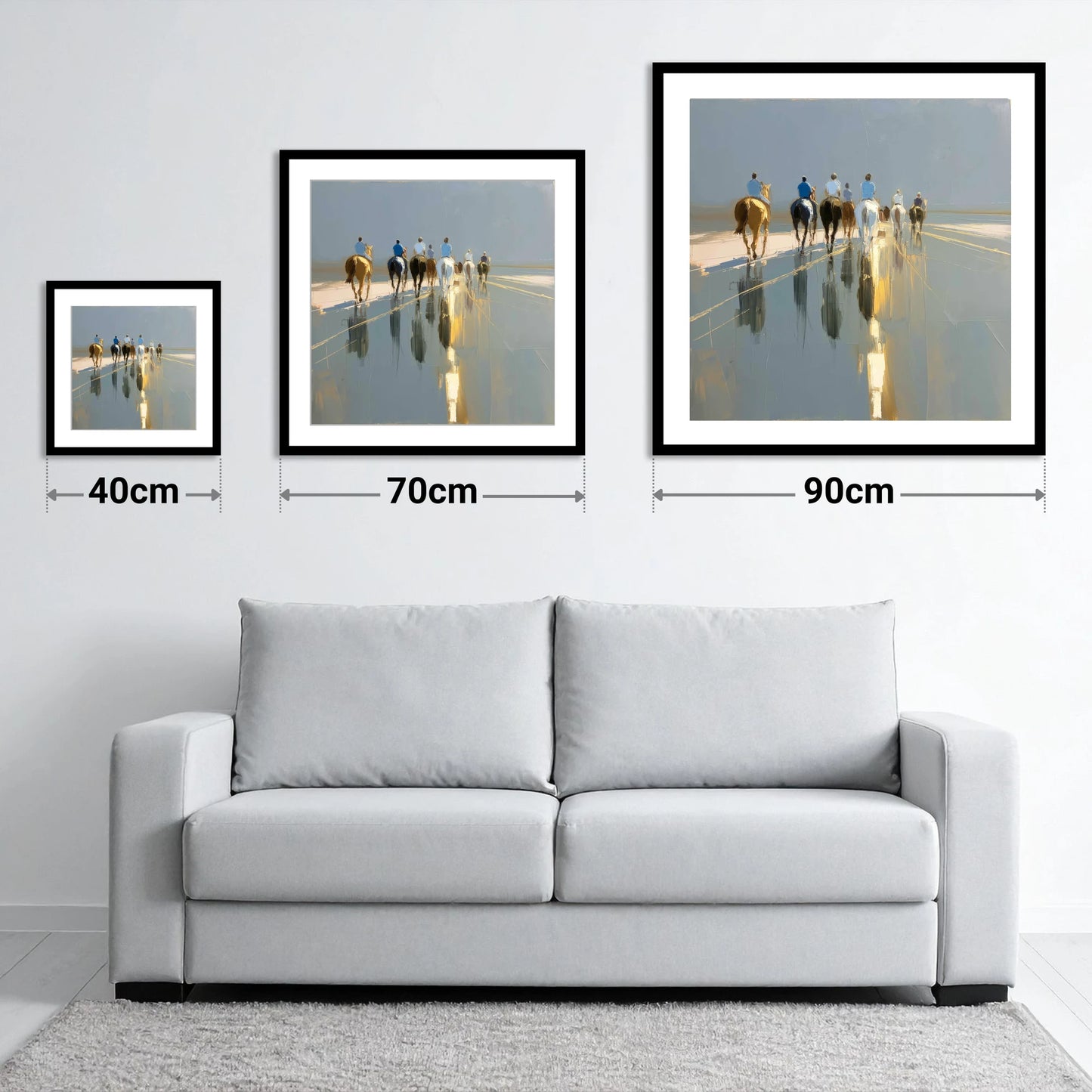 The Morning String - size guide showing 40cm, 70cm and 90cm art prints