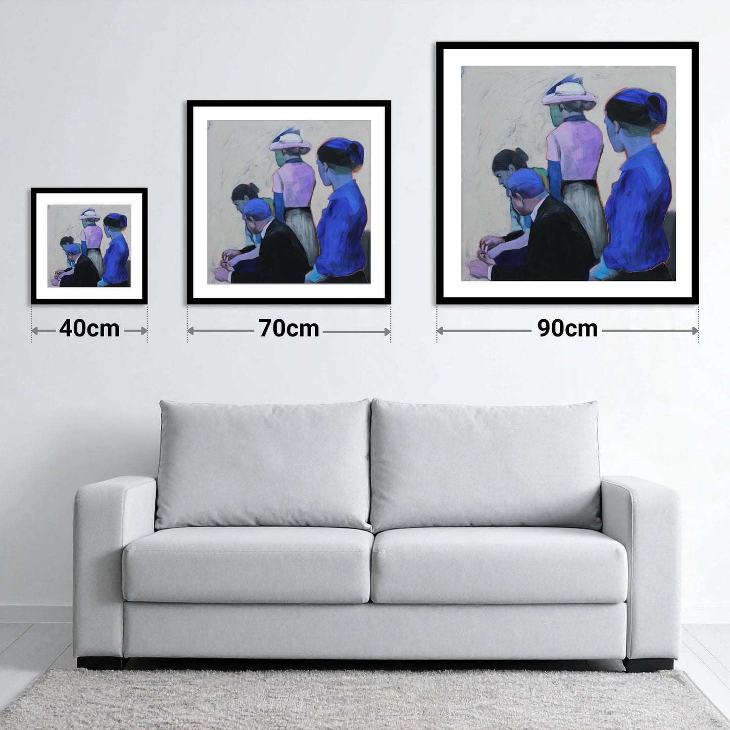 Paddock Anticipation - size guide showing 40cm, 70cm and 90cm art prints