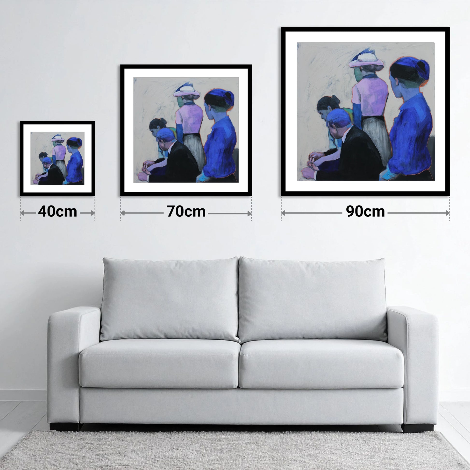 Paddock Anticipation - size guide showing 40cm, 70cm and 90cm art prints