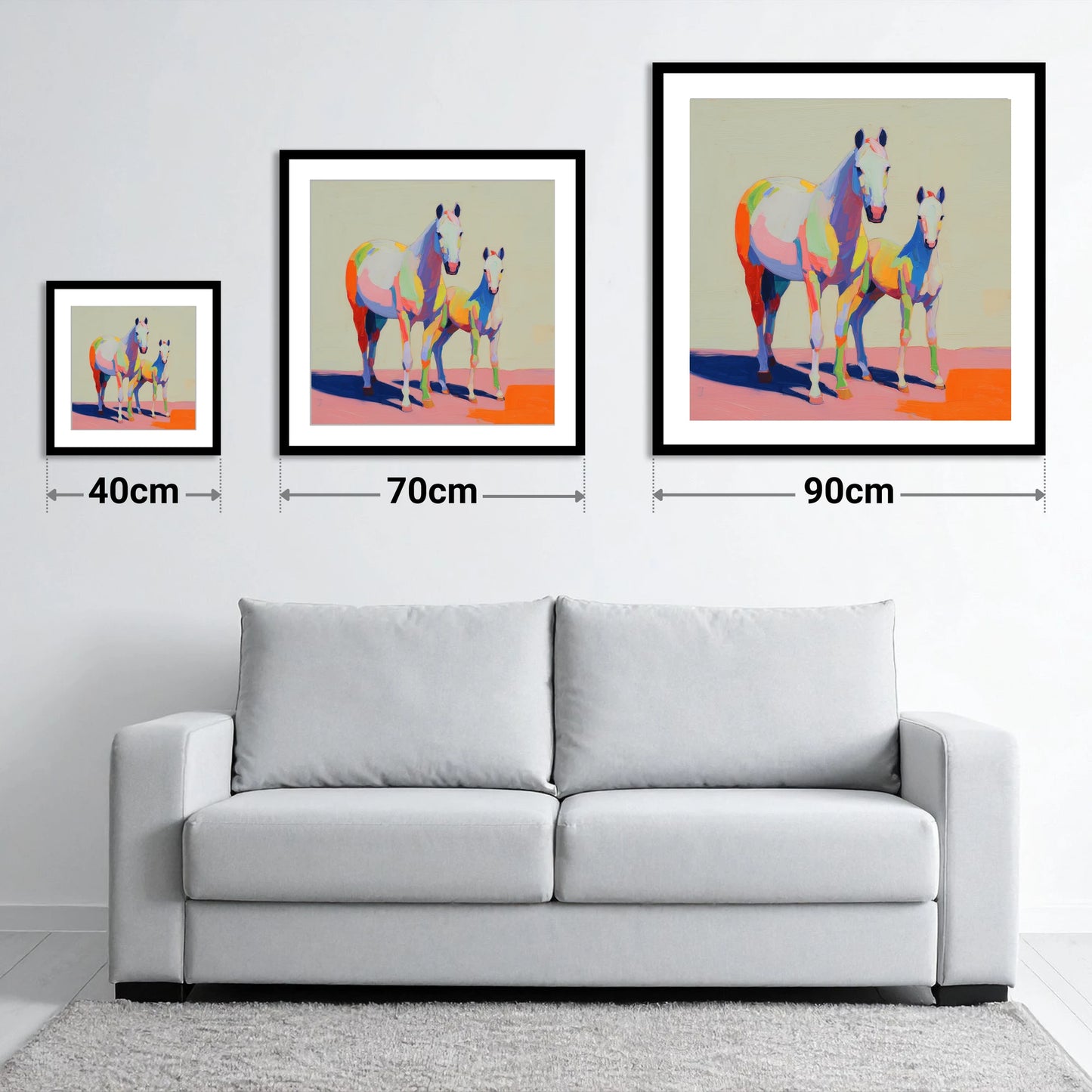 Technicolour Bond - size guide showing 40cm, 70cm and 90cm art prints