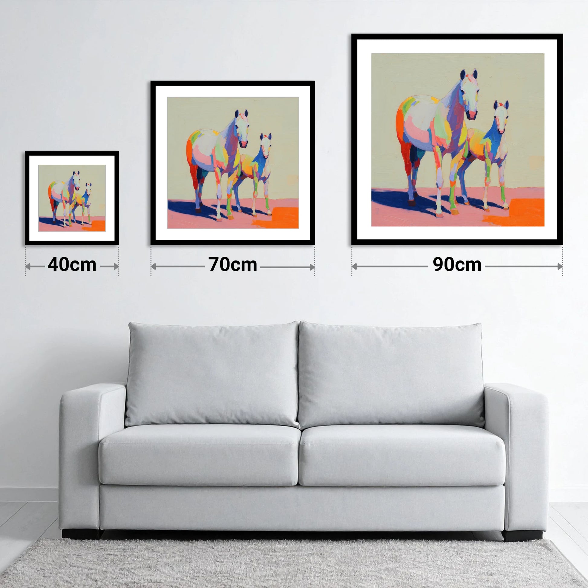 Technicolour Bond - size guide showing 40cm, 70cm and 90cm art prints