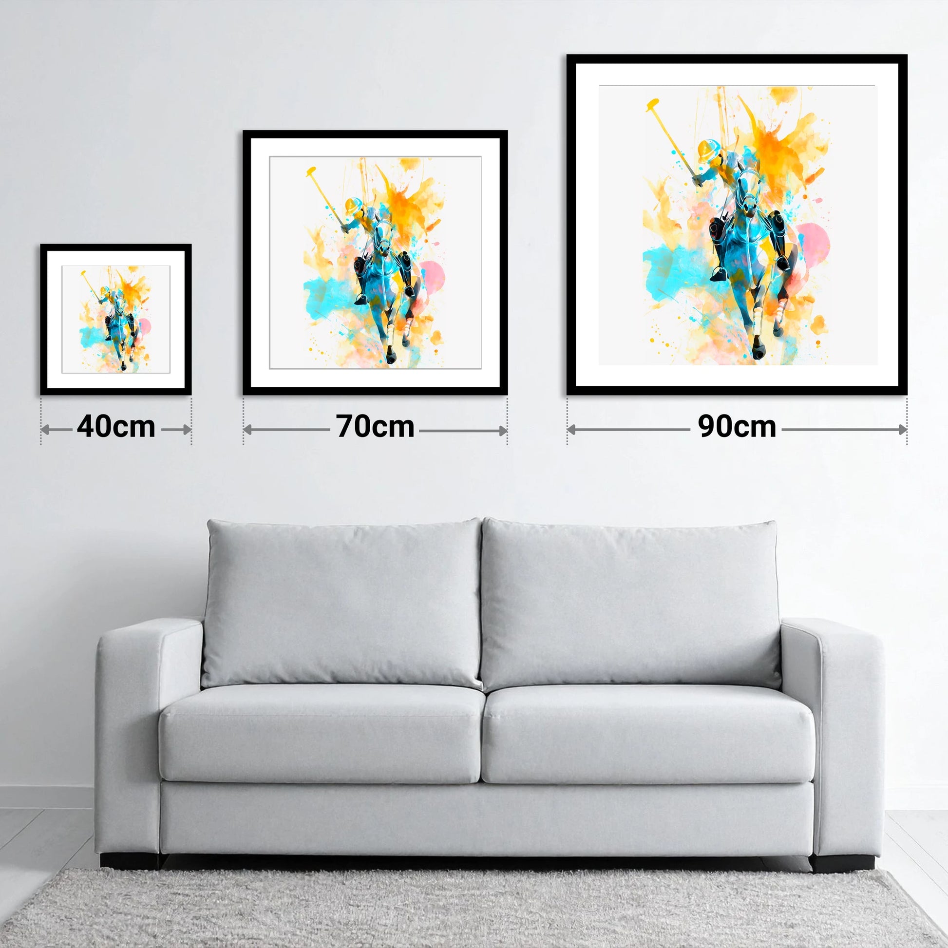 The Decisive Strike - size guide showing 40cm, 70cm and 90cm art prints