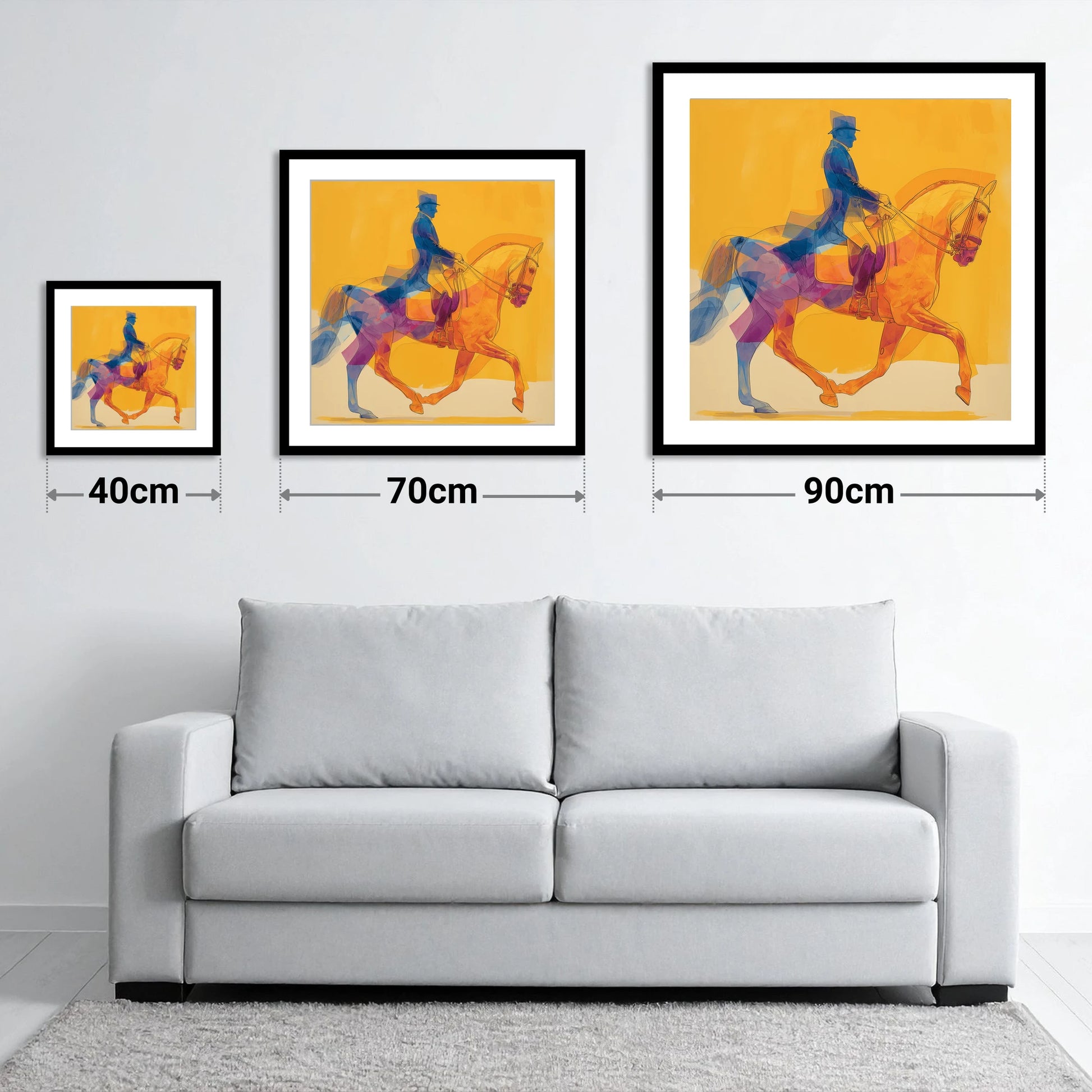 Cobalt and Gold Passage - size guide showing 40cm, 70cm and 90cm art prints