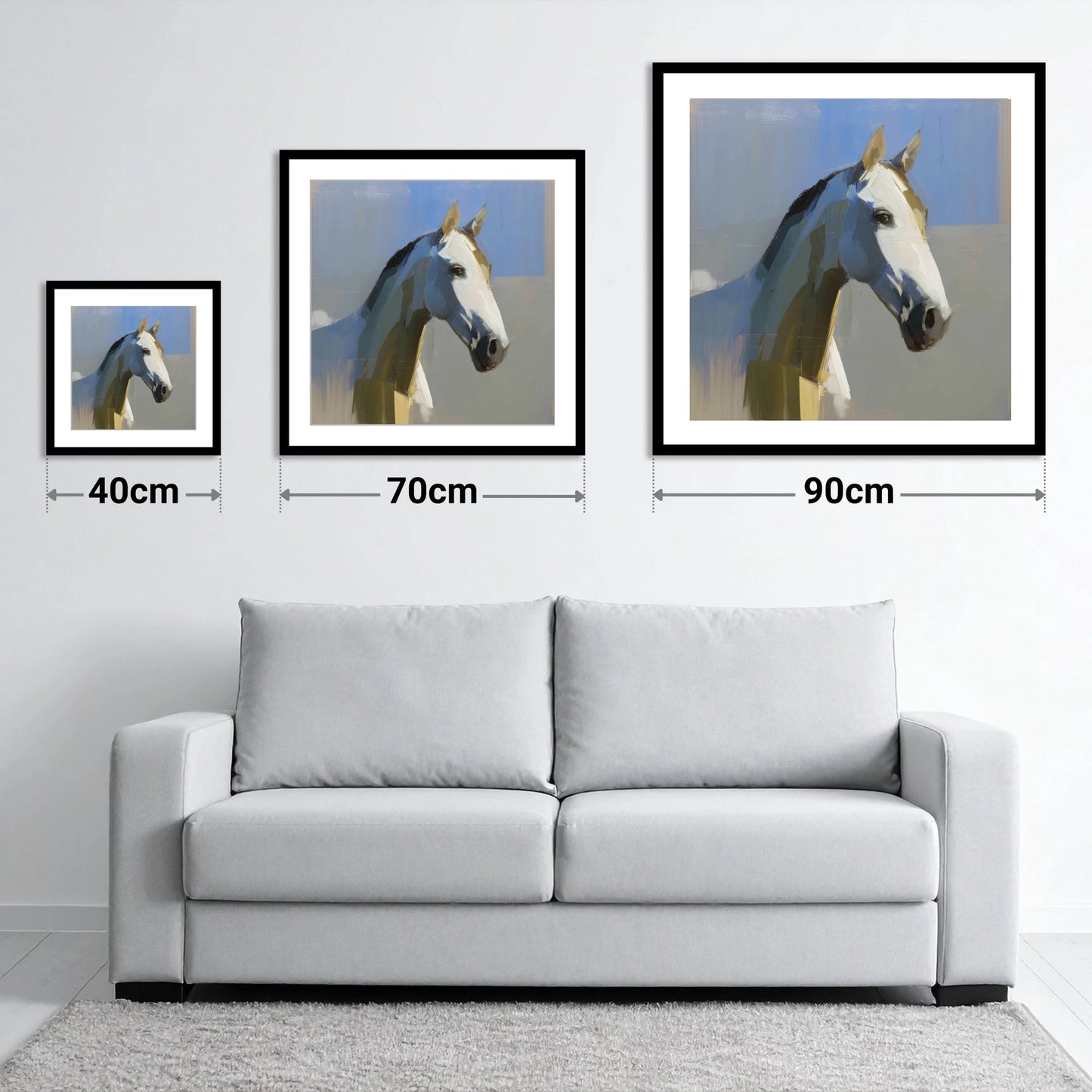 Sunlit Slate Grey - size guide showing 40cm, 70cm and 90cm art prints
