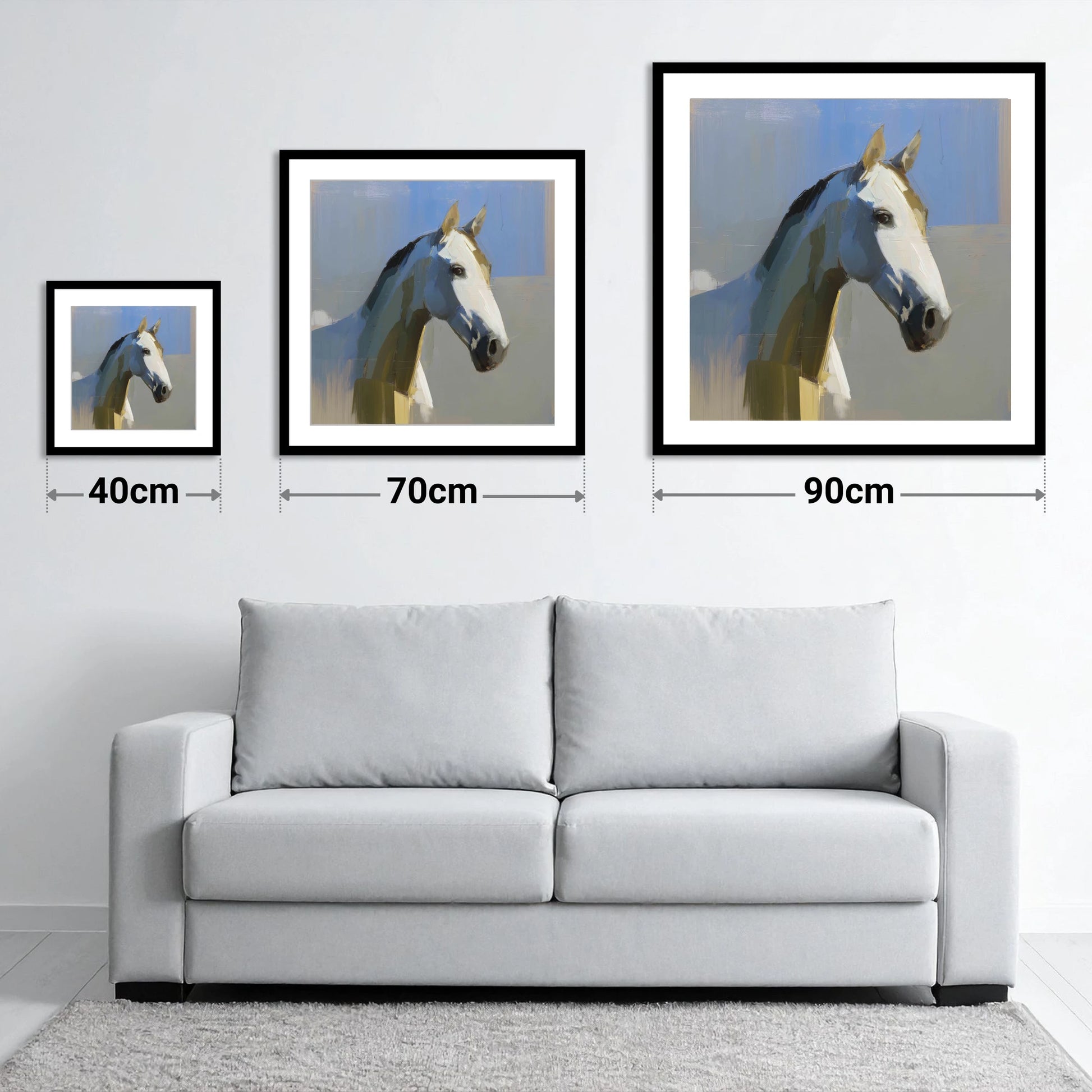 Sunlit Slate Grey - size guide showing 40cm, 70cm and 90cm art prints