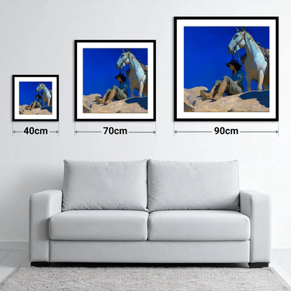 Beneath Azure Skies - size guide showing 40cm, 70cm and 90cm art prints
