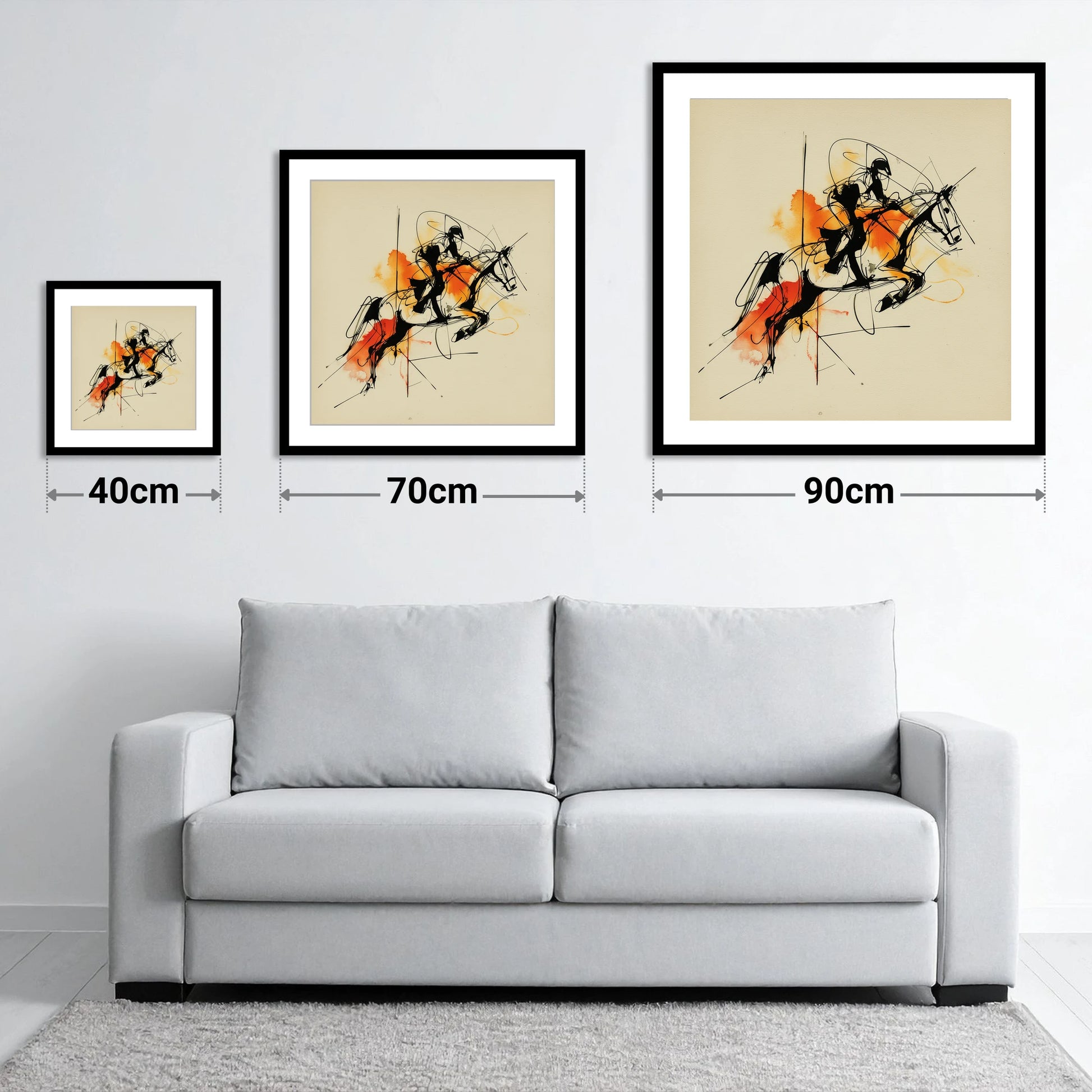 Amber Flight - size guide showing 40cm, 70cm and 90cm art prints