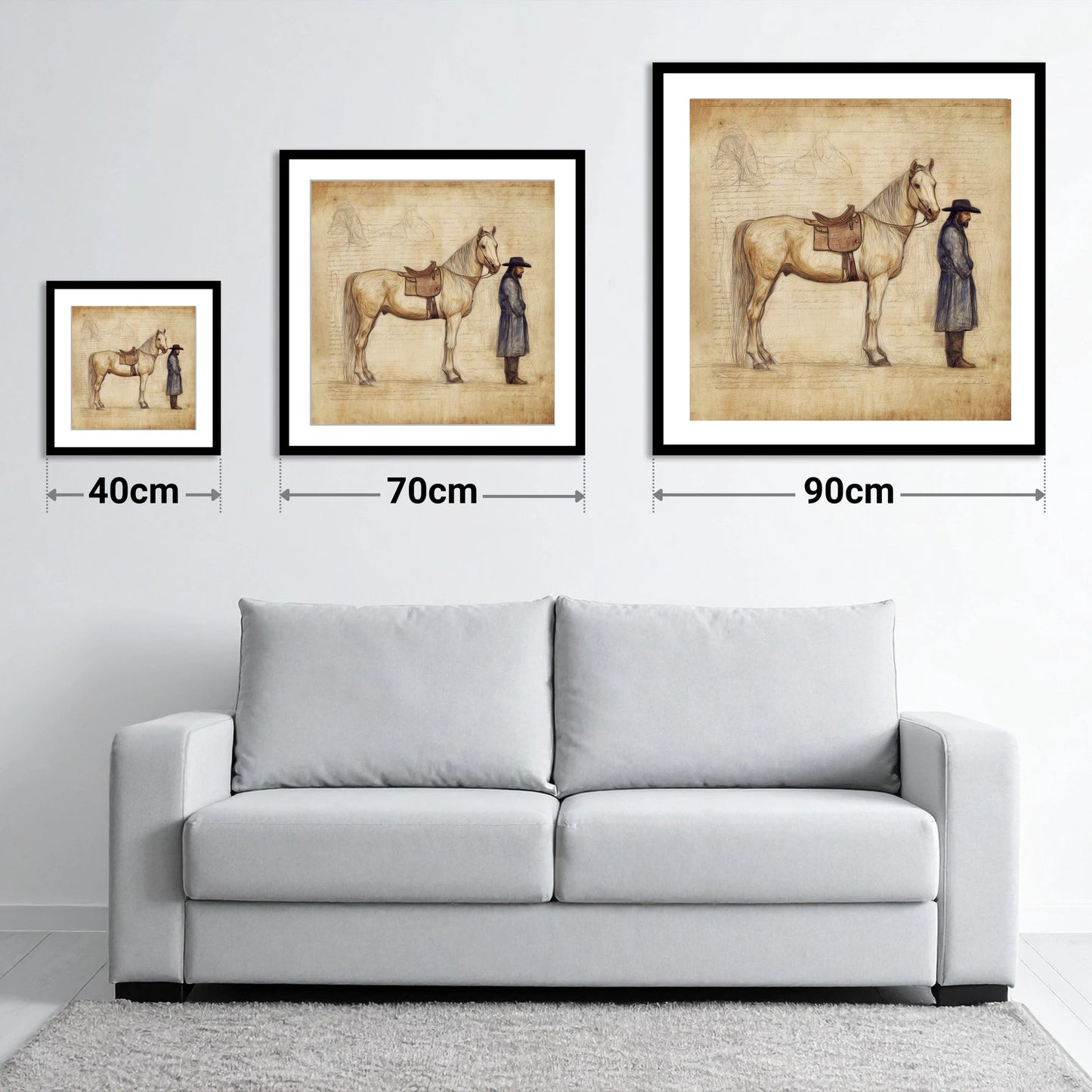 The Frontiersman's Companion - size guide showing 40cm, 70cm and 90cm art prints