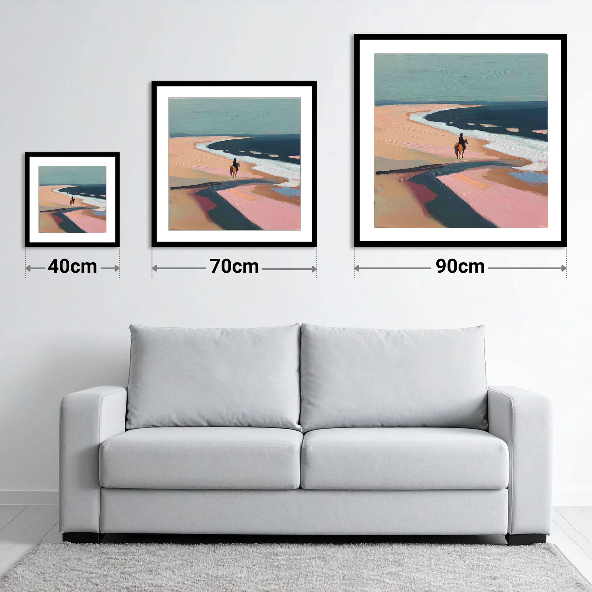 Coastal Solitude - size guide showing 40cm, 70cm and 90cm art prints