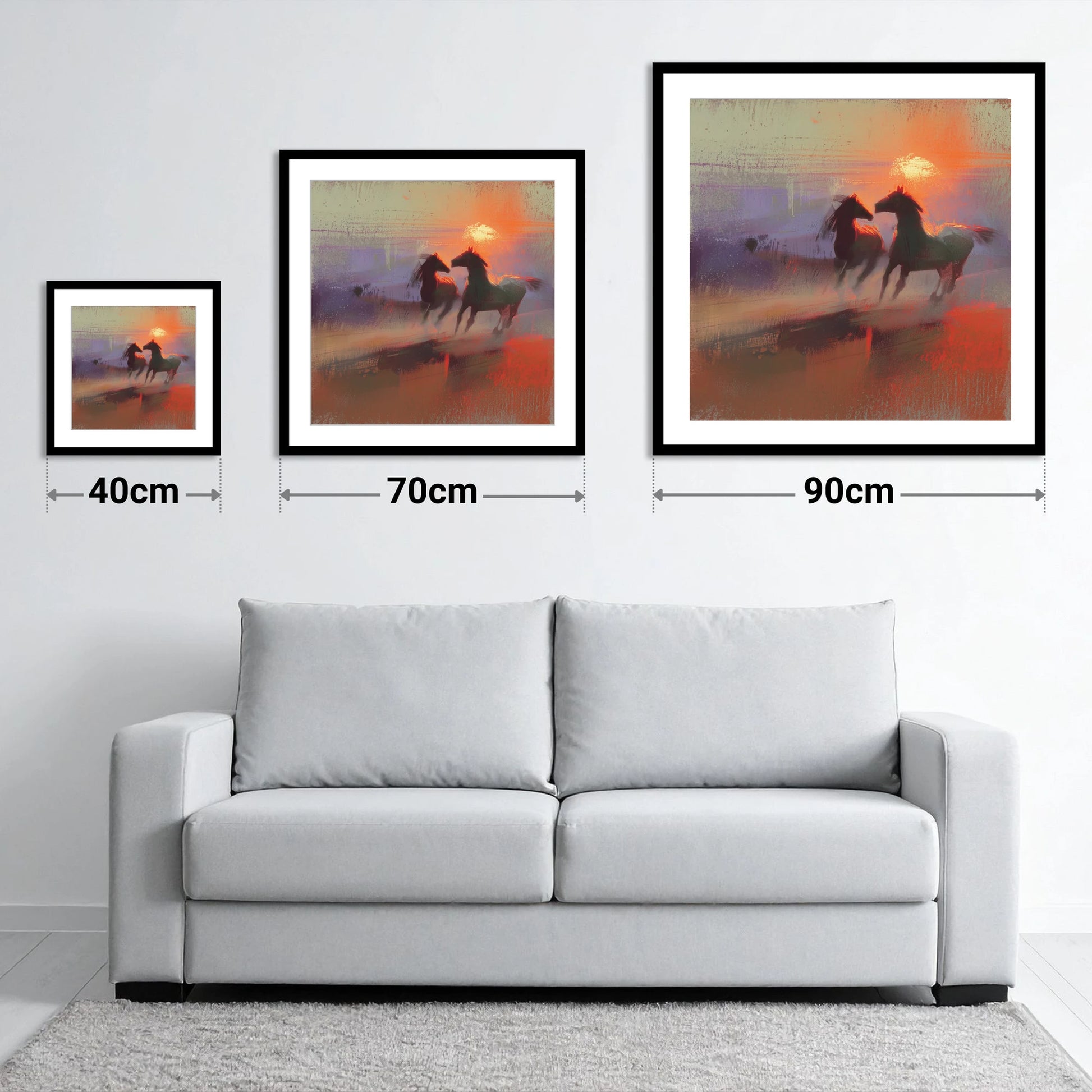 Untamed at Dusk - size guide showing 40cm, 70cm and 90cm art prints