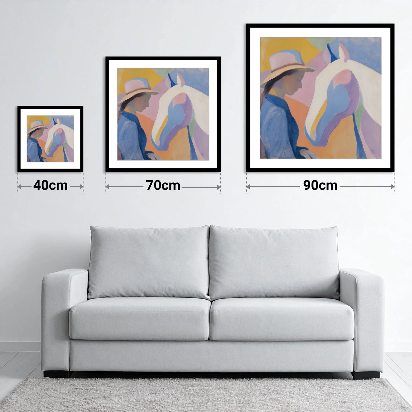 Quiet Harmony - size guide showing 40cm, 70cm and 90cm art prints