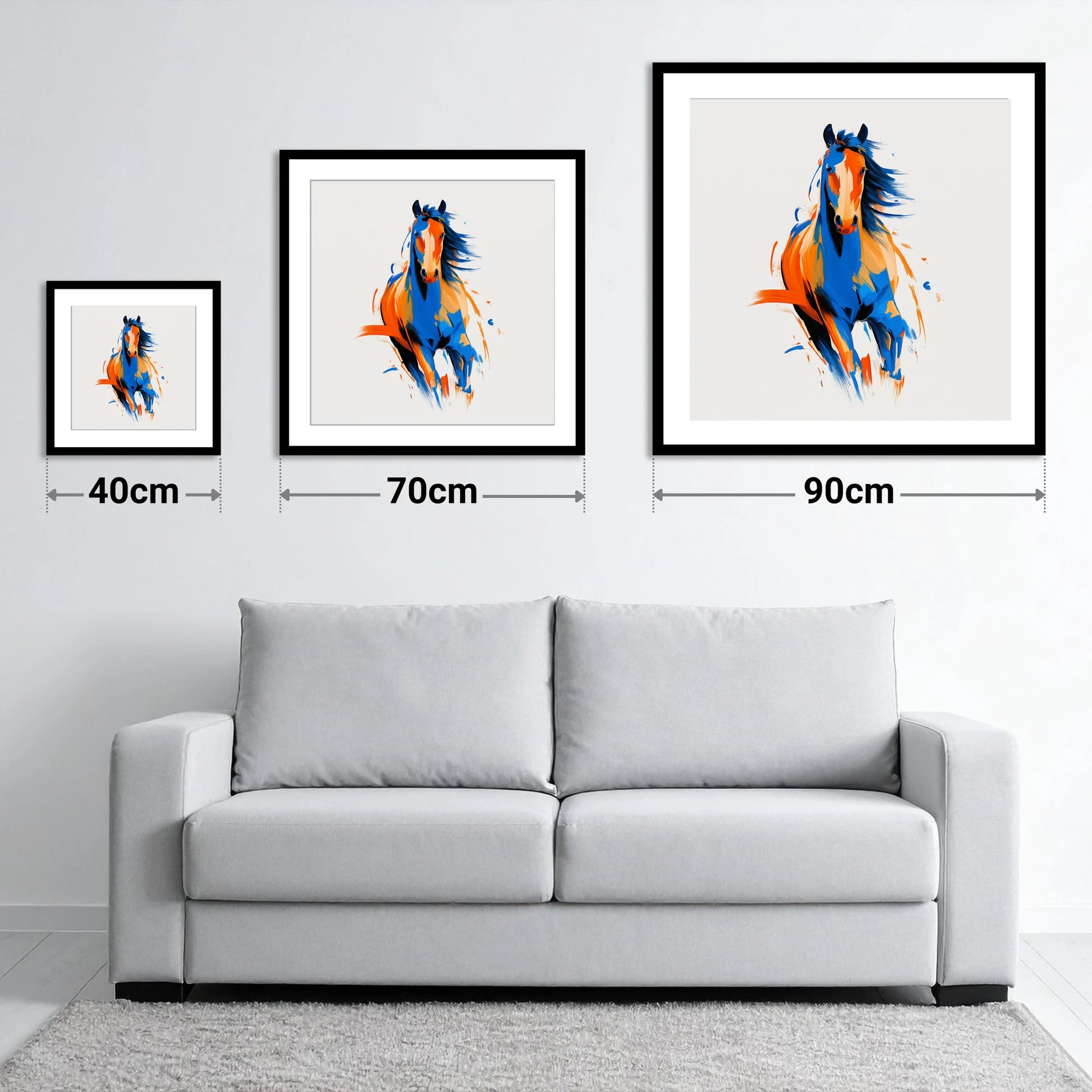 Vivid Cobalt Canter - size guide showing 40cm, 70cm and 90cm art prints
