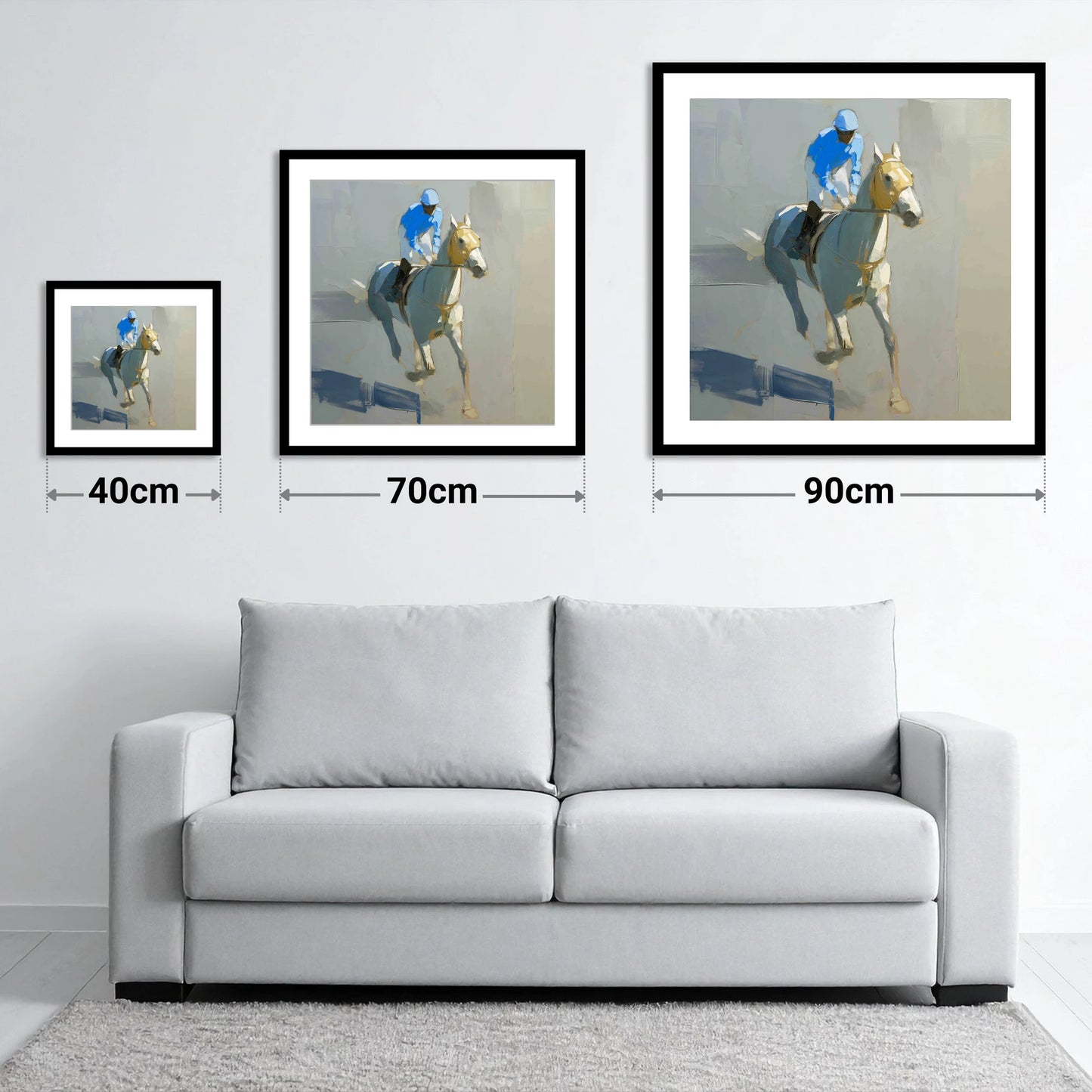 The Blue Silk Focus - size guide showing 40cm, 70cm and 90cm art prints