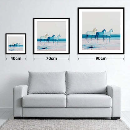 Azure Tide Walkers - size guide showing 40cm, 70cm and 90cm art prints