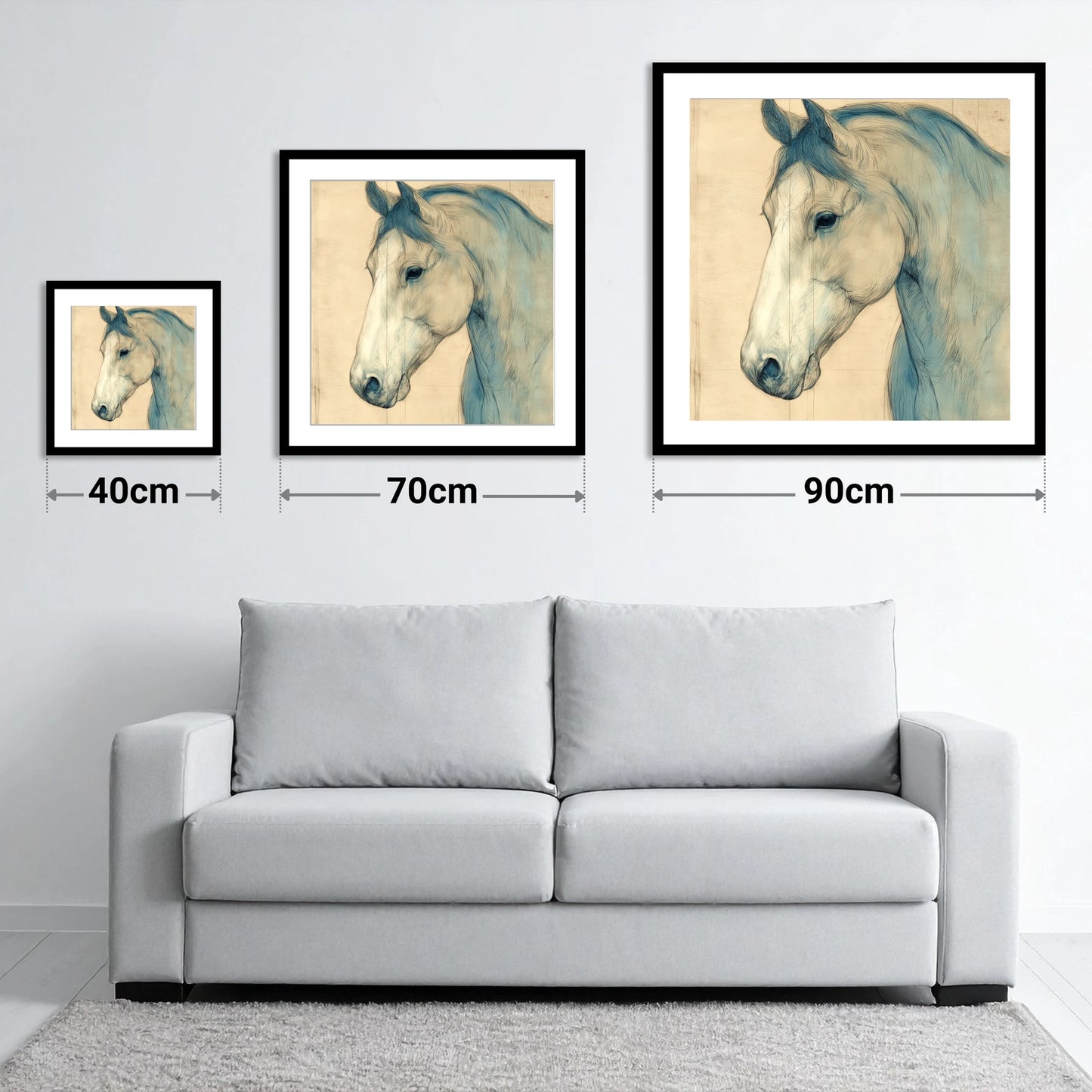 Parchment Profile Study - size guide showing 40cm, 70cm and 90cm art prints