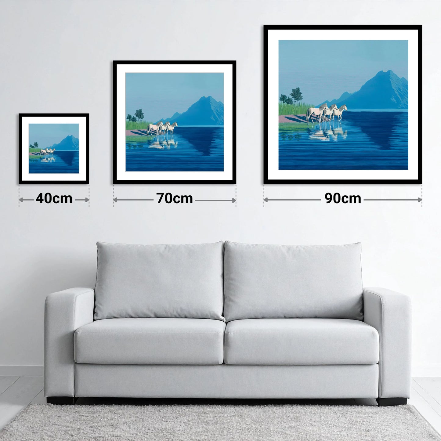 Reflections in Azure - size guide showing 40cm, 70cm and 90cm art prints