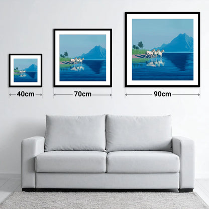 Reflections in Azure - size guide showing 40cm, 70cm and 90cm art prints