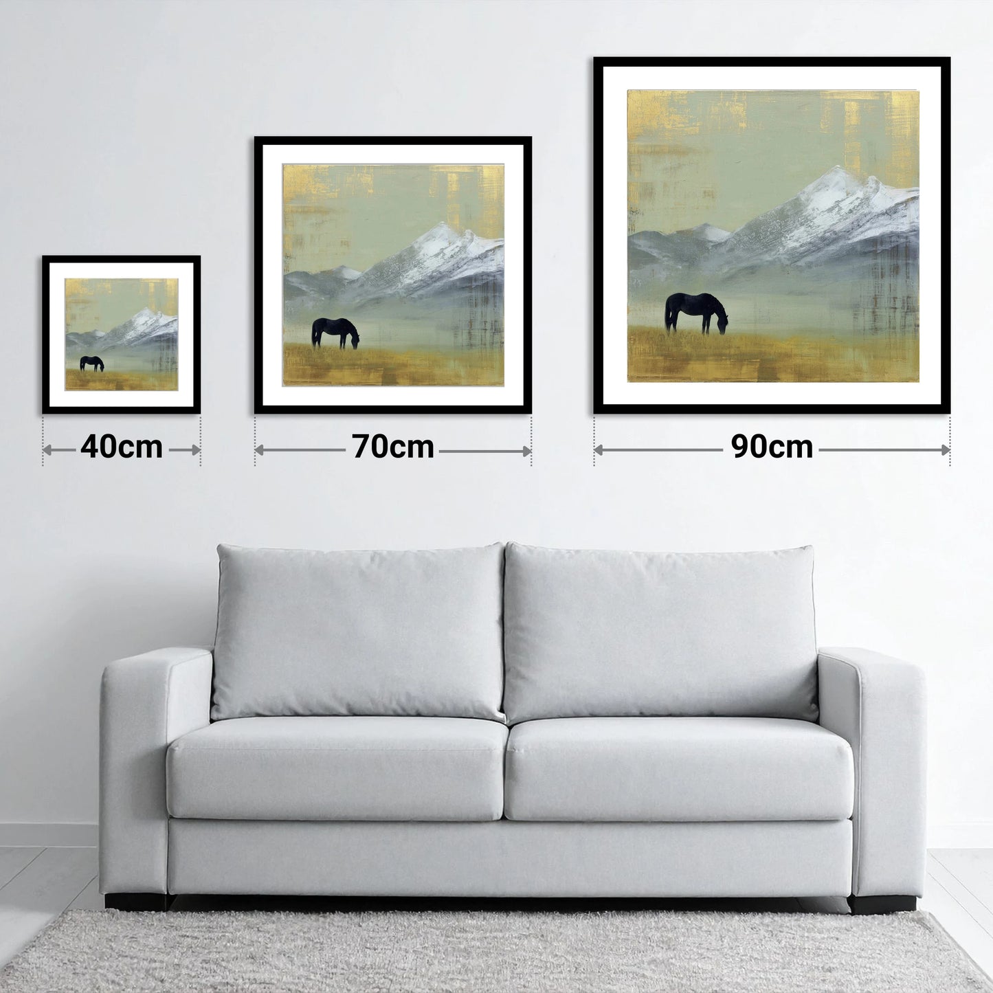 Gilded Mountain Solitude - size guide showing 40cm, 70cm and 90cm art prints