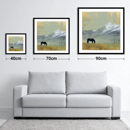 Gilded Mountain Solitude - size guide showing 40cm, 70cm and 90cm art prints