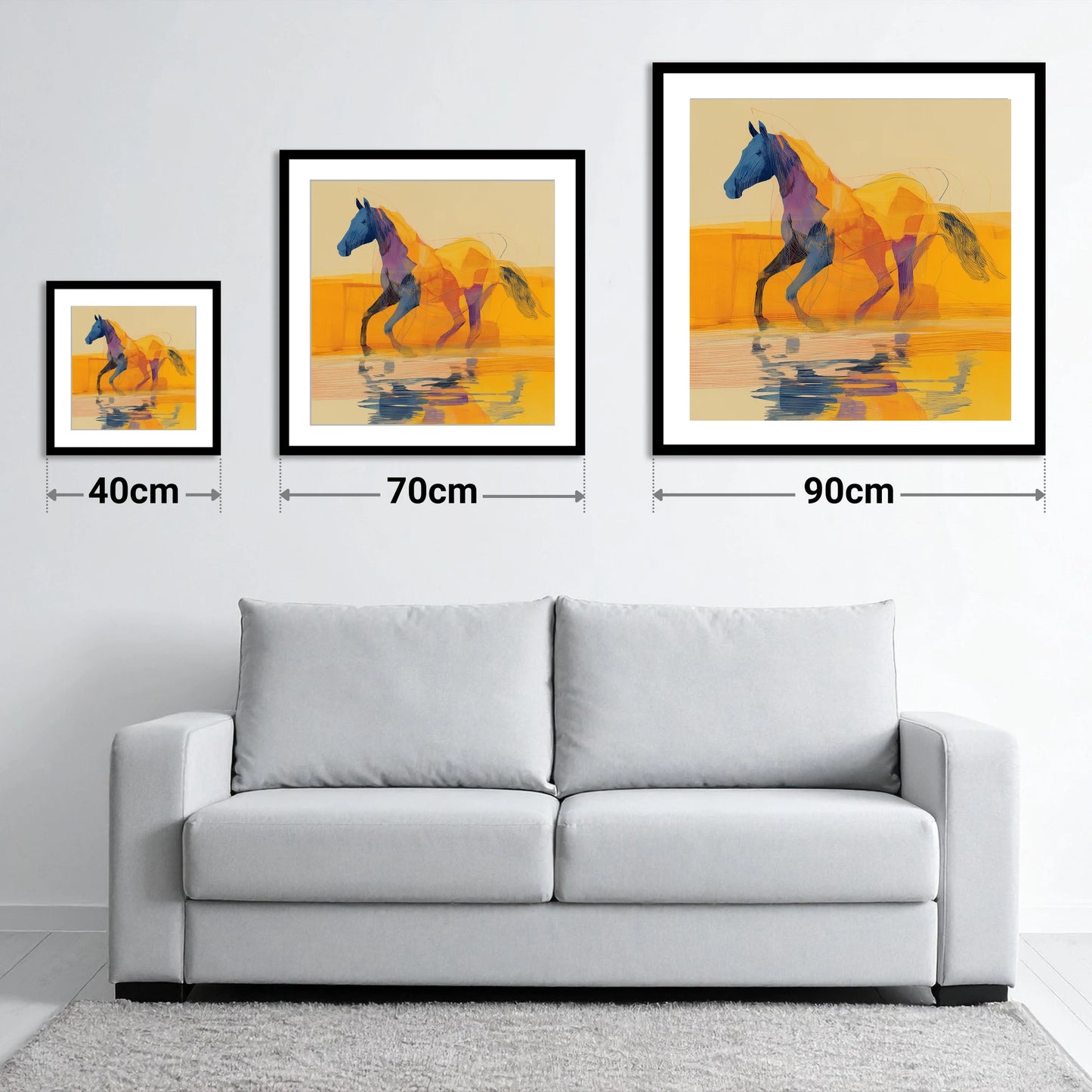 Golden Coastal Stride - size guide showing 40cm, 70cm and 90cm art prints