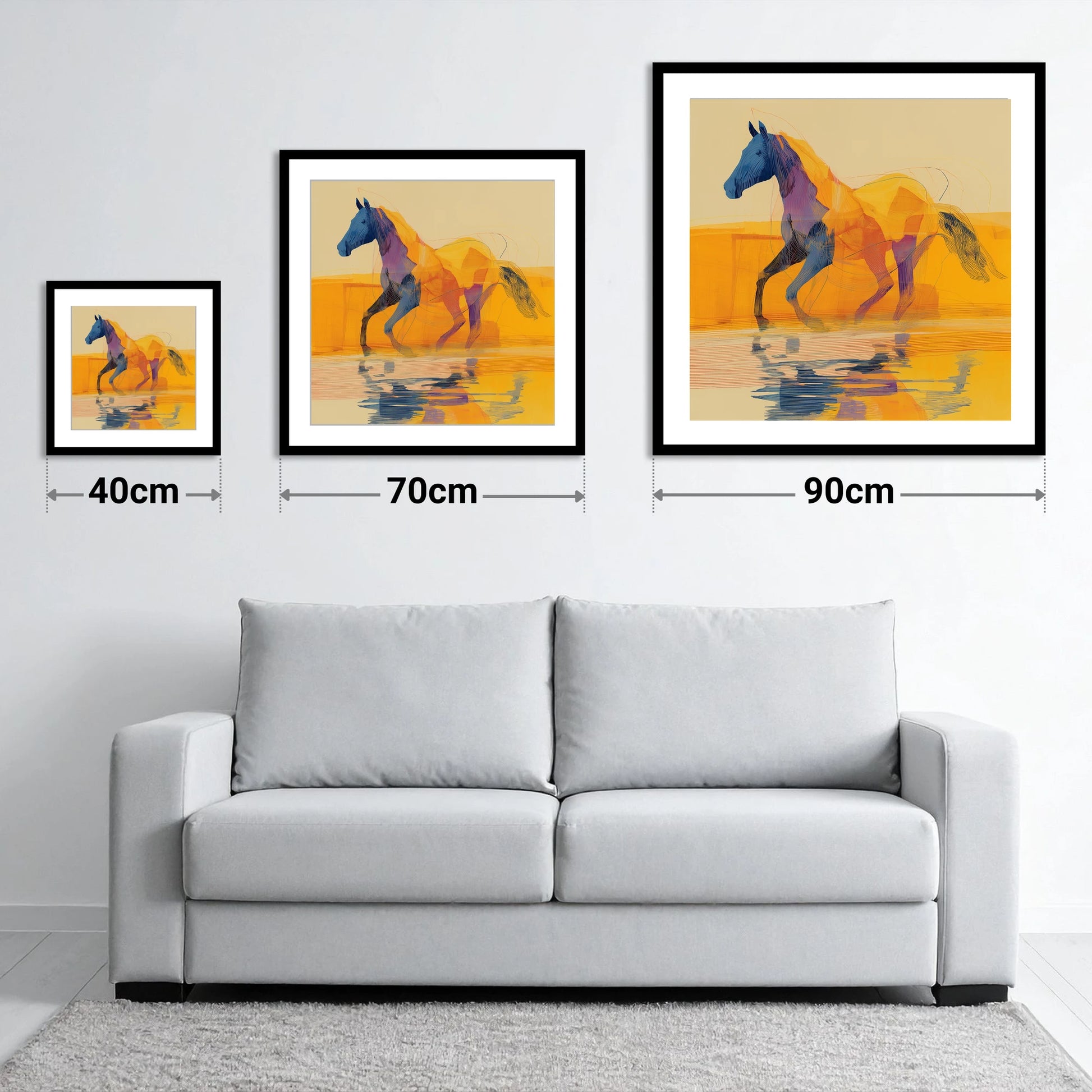 Golden Coastal Stride - size guide showing 40cm, 70cm and 90cm art prints