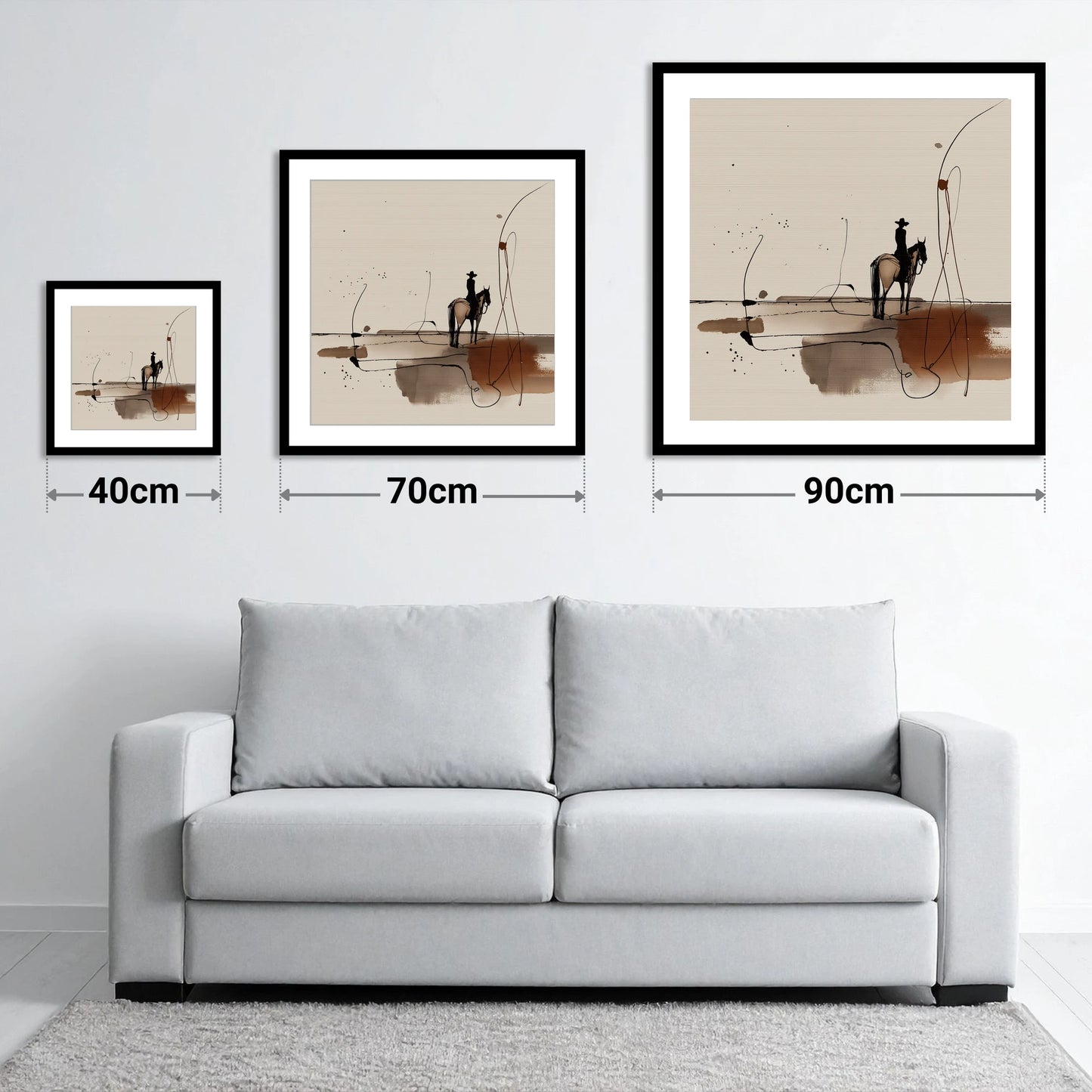 The Silent Frontier - size guide showing 40cm, 70cm and 90cm art prints