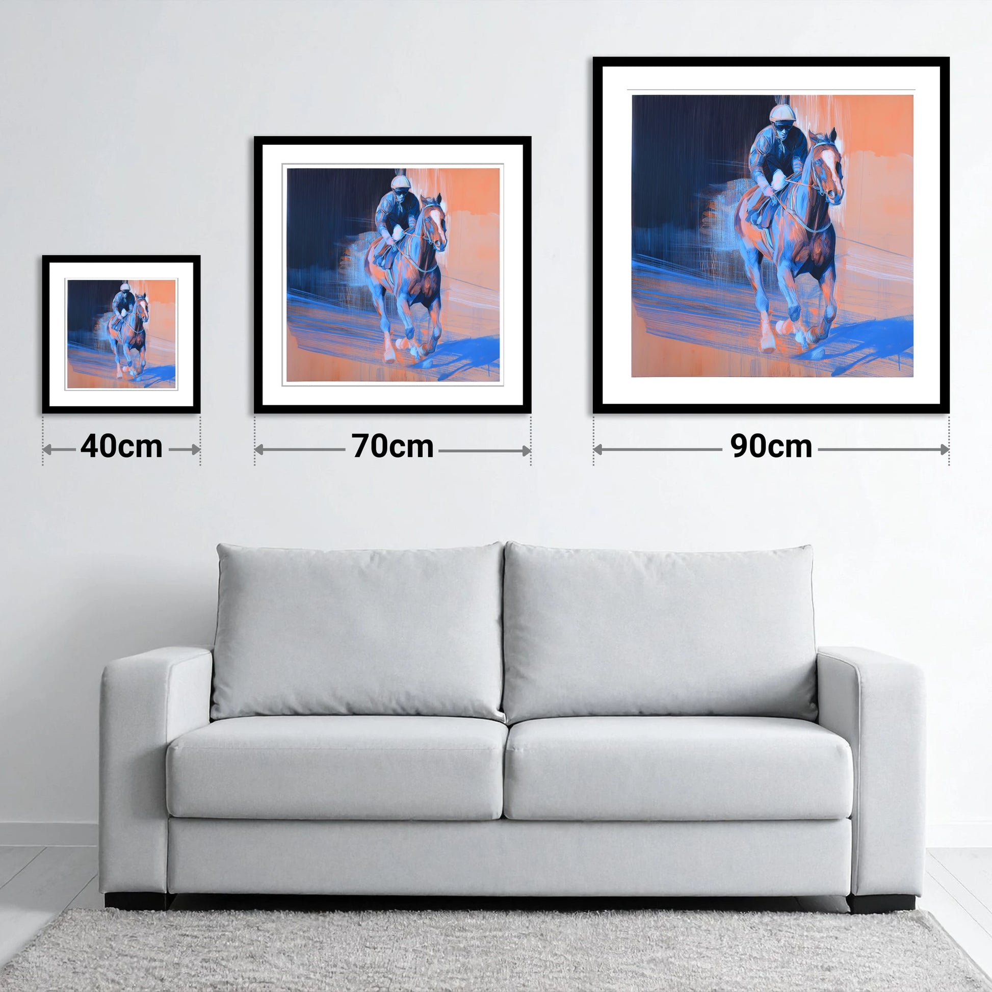 Shadows on the Track - size guide showing 40cm, 70cm and 90cm art prints